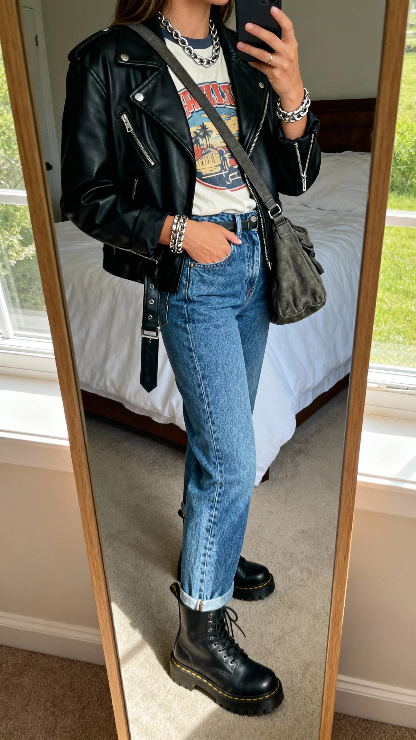 iPhone back/side view mirror selfie of a woman in a soft retro graphic tee tucked into high-rise vintage blue straight jeans, classic black leather moto jacket, chunky combat boots, silver chain necklace and stacked bracelets, slouchy crossbody bag; face not visible, bedroom mirror, afternoon window light, iPhone photo quality.