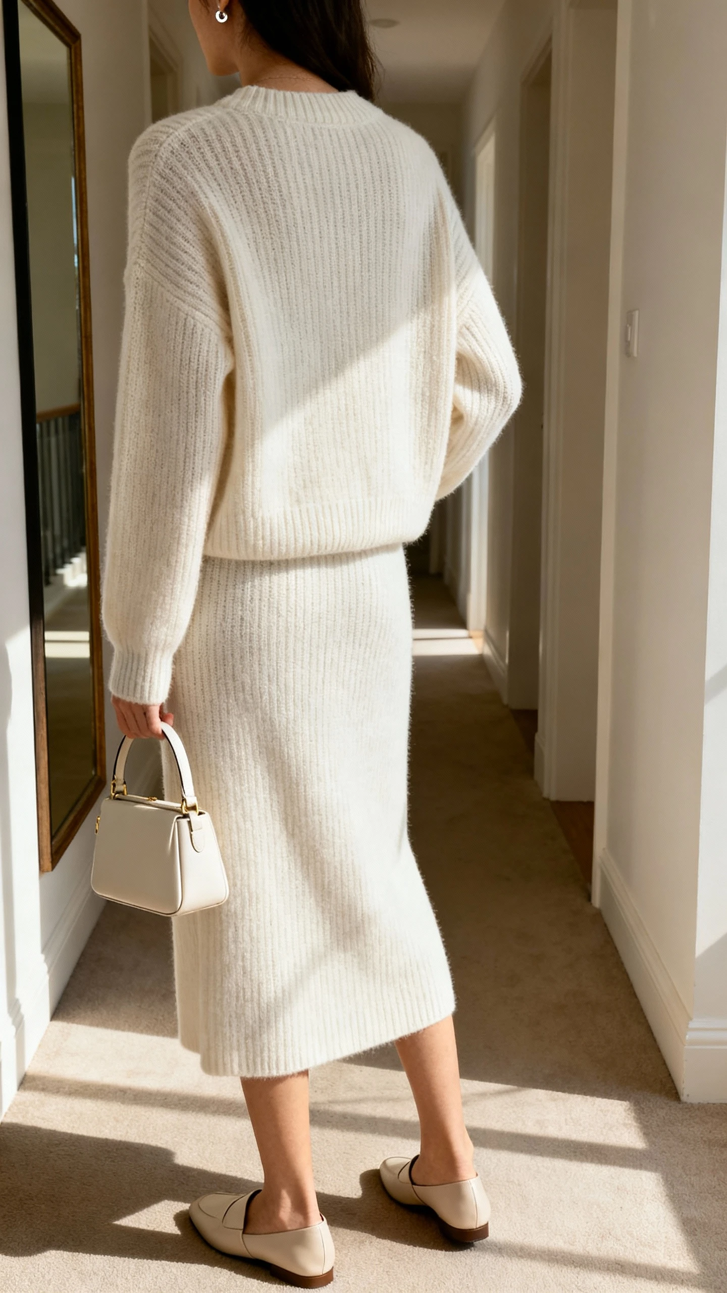 iPhone back view of a woman in a monochrome knit set: fine-knit crewneck sweater and matching knit midi skirt, sleek minimalist leather flats, small top-handle bag, delicate stud earrings, face not visible, hallway mirror, morning light, iPhone photo quality.