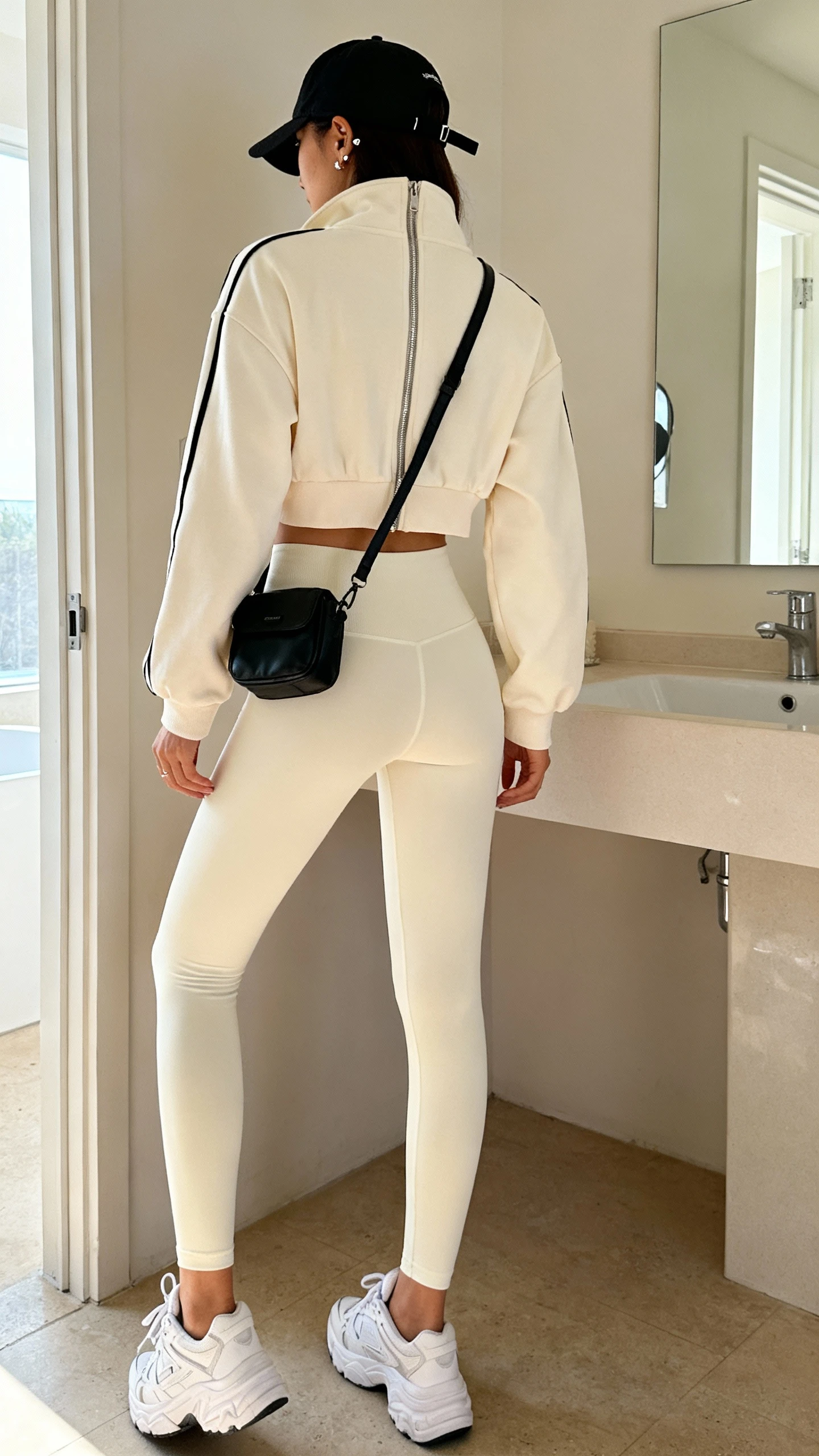 iPhone back view of a woman in an off-duty athleisure set: cream zip-up track jacket with matching cream high-waist leggings, white chunky sneakers, black baseball cap, small black belt bag worn crossbody, minimal studs, face not visible, bathroom mirror with soft daylight, iPhone photo quality