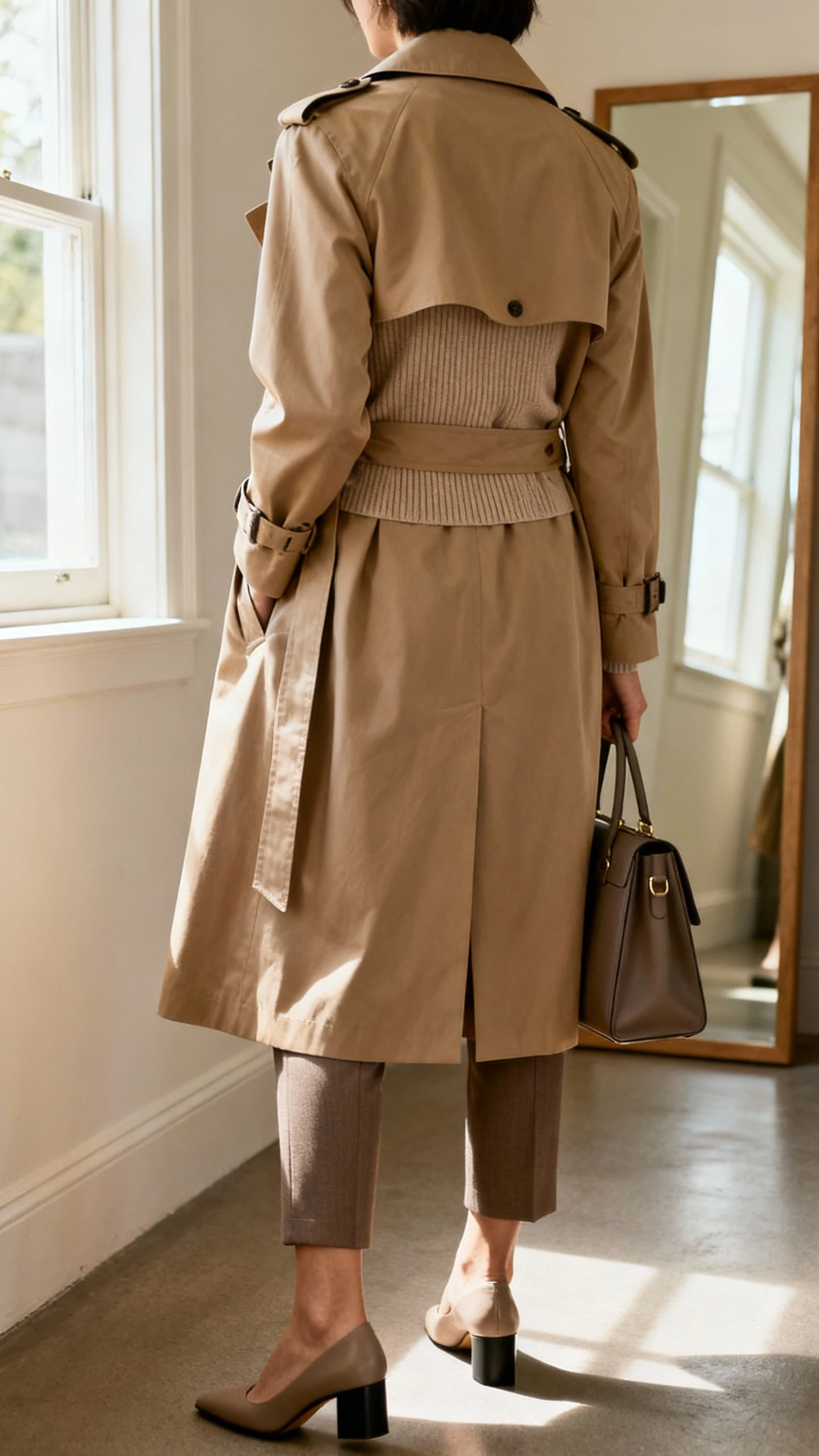 iPhone back view of a woman wearing a classic trench coat over a fine-gauge knit top and tailored ankle trousers, with low block-heel pumps and a structured work tote, face not visible, hallway mirror, natural daylight from window, iPhone photo quality.