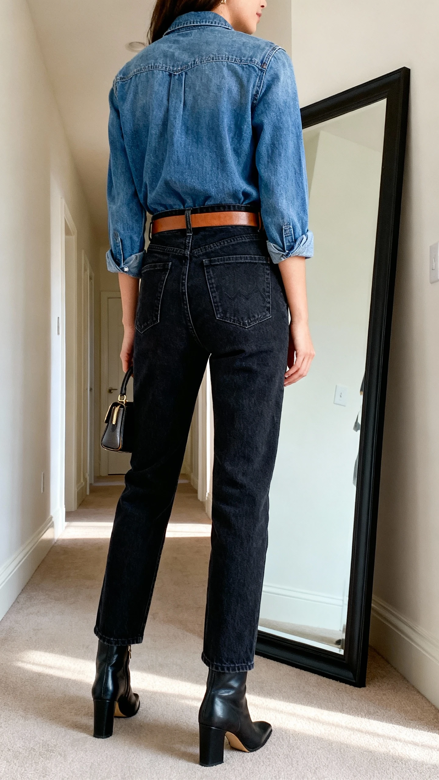 iPhone back view of a woman wearing a denim shirt tucked into high-rise dark-wash jeans with a slim leather belt, heeled ankle boots, and a small top-handle bag, face not visible, hallway full-length mirror, natural daylight, iPhone photo quality.