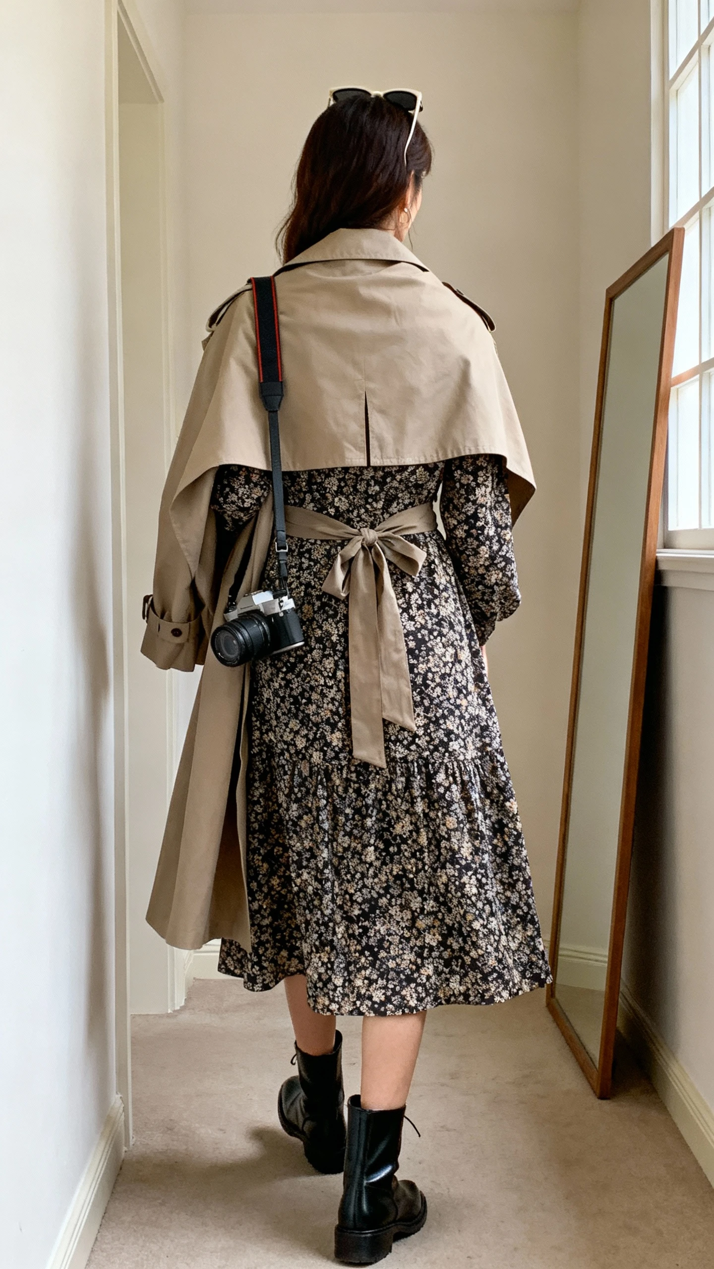 iPhone back view of a woman wearing a printed midi dress with a waist tie, black leather ankle boots, lightweight trench draped over shoulders, crossbody camera bag, sunglasses on head, face not visible, hallway mirror, soft window light, iPhone photo quality.