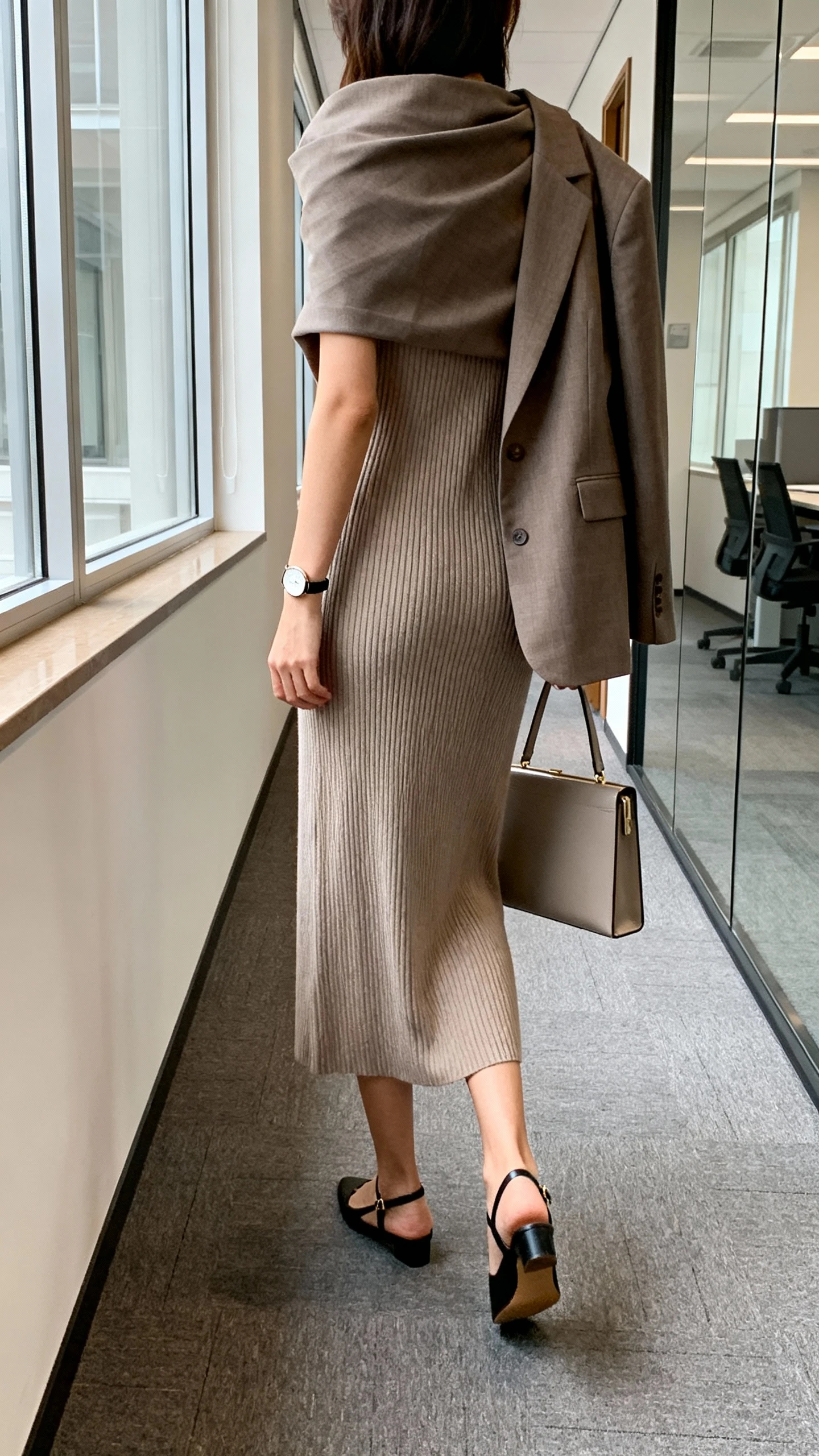 iPhone back view of a woman wearing a ribbed knit midi dress, slingback flats, a structured blazer over the shoulders, minimal watch, and a slim work tote, face not visible, office hallway mirror, natural window light, iPhone photo quality.