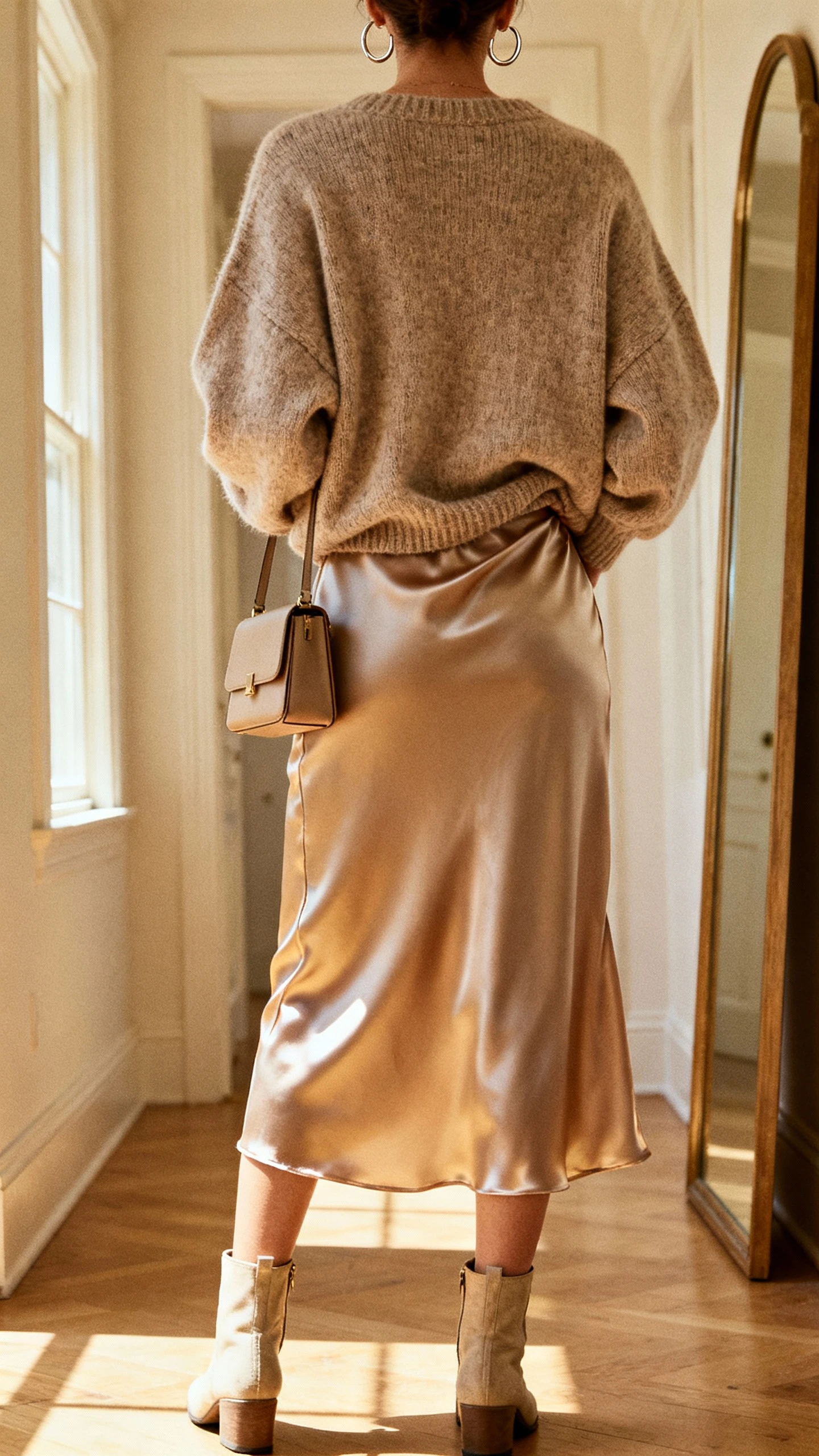 iPhone back view of a woman wearing a satin midi slip skirt with a cozy oversized sweater half-tucked, ankle boots, minimal hoop earrings, structured mini handbag, face not visible, hallway full-length mirror, gentle afternoon window light, iPhone photo quality