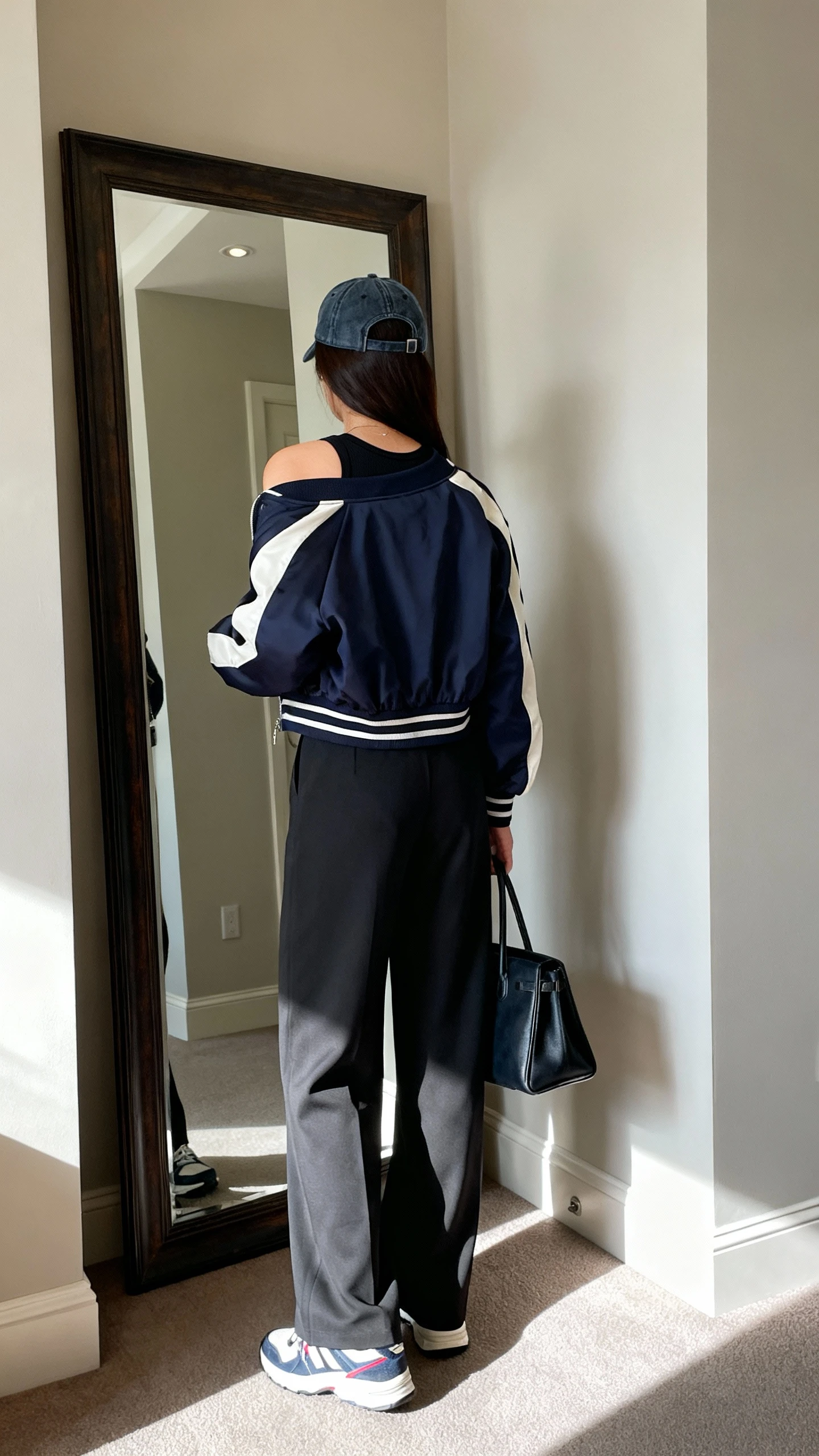 iPhone back view of a woman wearing a sporty-chic bomber jacket with wide-leg trousers, fitted tank, retro trainers, baseball cap, and a structured tote, face not visible, hallway full-length mirror, indoor daylight, iPhone photo quality.