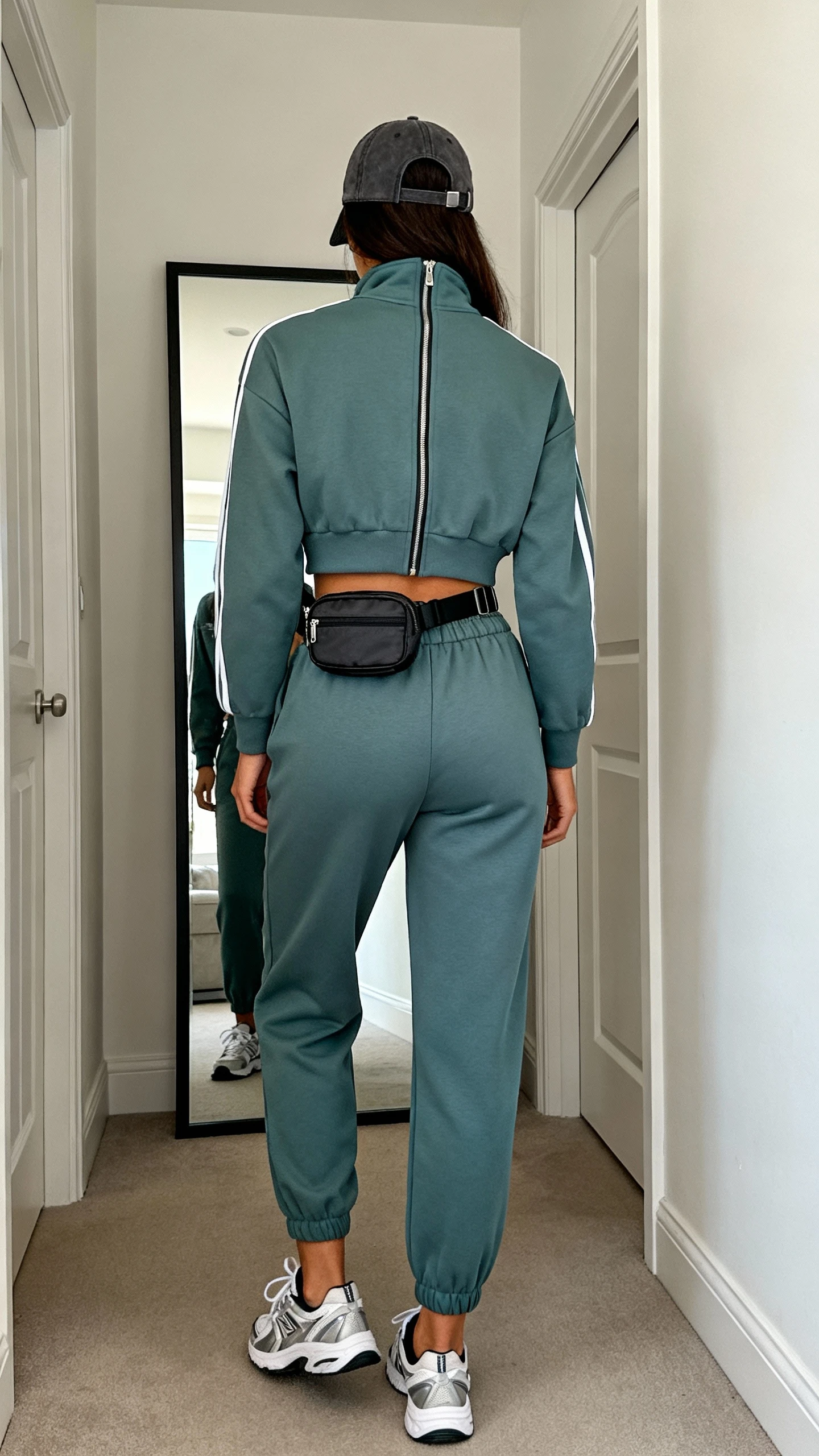 iPhone back view of a woman wearing a sporty-cool matching set (zip-up track jacket and high-waist joggers), sleek sneakers, baseball cap, and a belt bag worn crossbody, face not visible, hallway full-length mirror with natural daylight, iPhone photo quality.