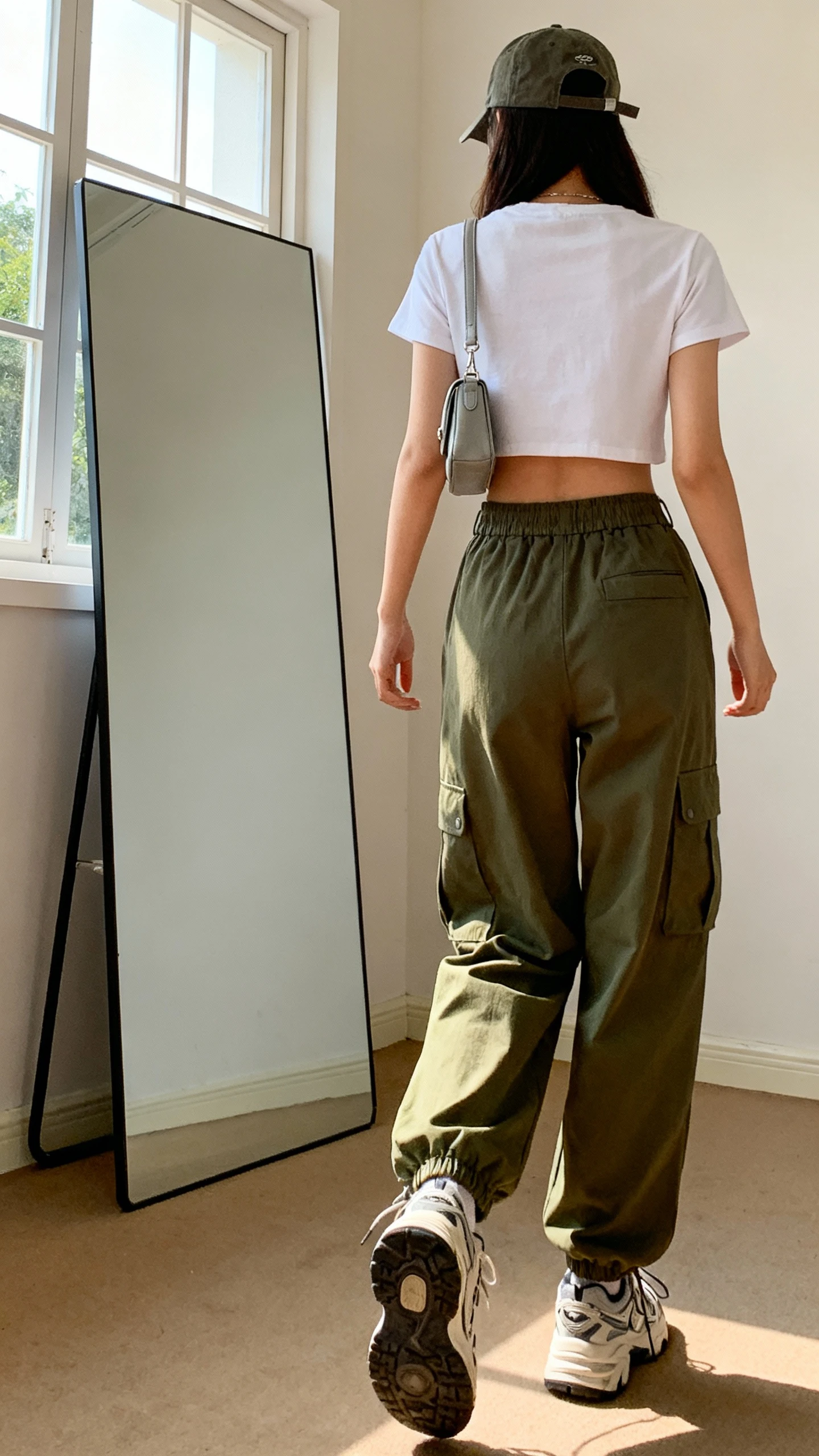iPhone back view of a woman wearing olive cargo pants with a cropped white tee, chunky sneakers, tiny shoulder bag, and a baseball cap, face not visible, walking pose past a full-length mirror, afternoon window light, casual iPhone photo quality.