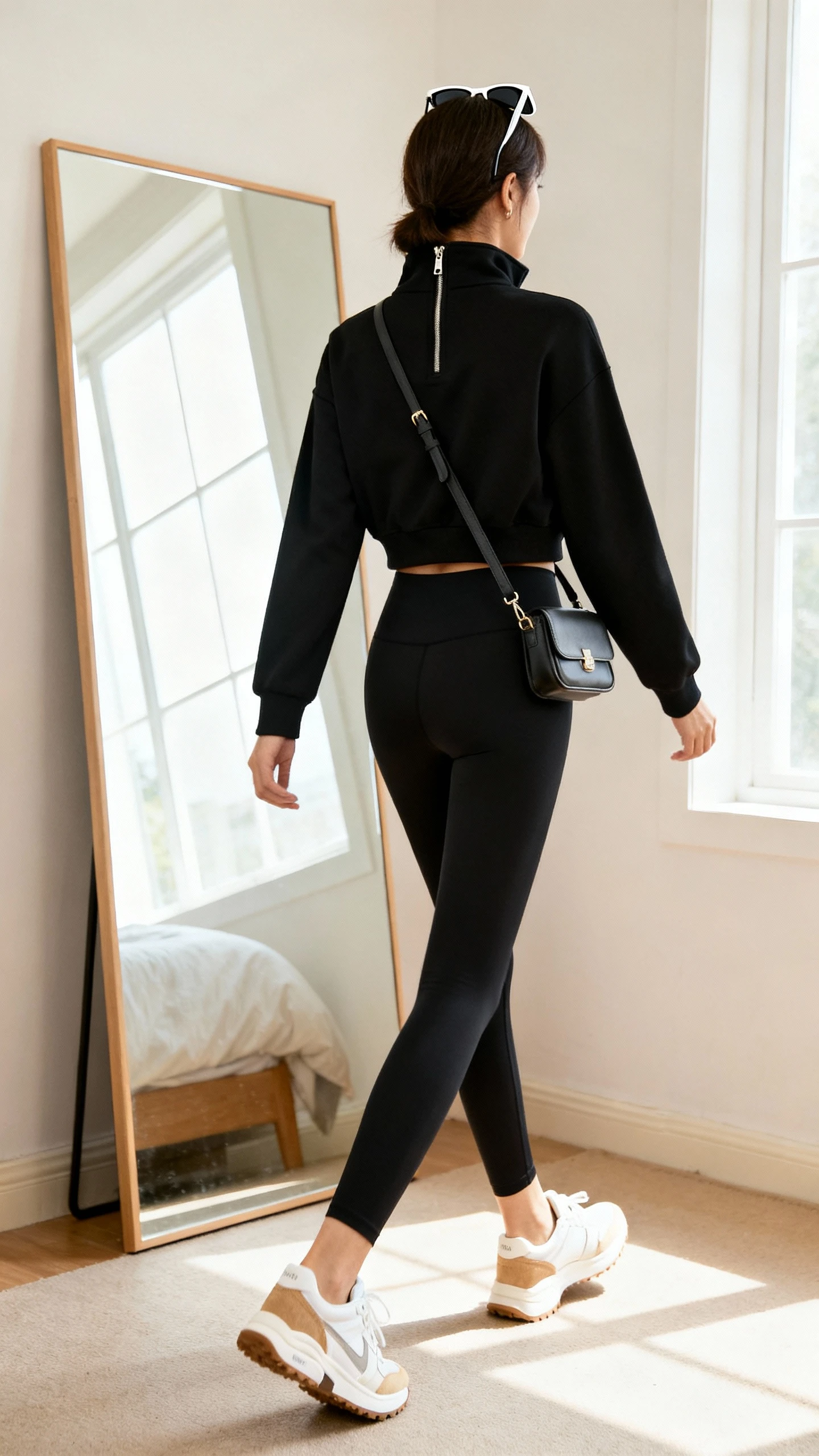 iPhone back-view photo of a woman in a sleek black quarter-zip pullover, high-waisted black leggings, elevated white-and-tan sneakers, small crossbody bag, and sporty sunglasses on head; face not visible, walking pose near a bedroom mirror with bright window light, iPhone photo quality.