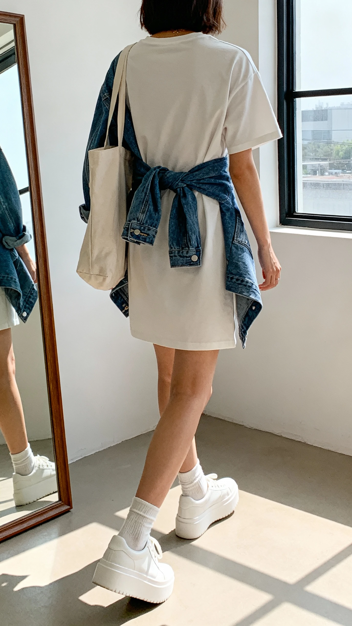 iPhone back-view photo of a woman wearing a relaxed t-shirt dress with a denim jacket tied at the waist, white platform sneakers, ankle socks, and a casual tote bag, face not visible, walking pose near a full-length mirror by a window, natural daylight, iPhone photo quality.