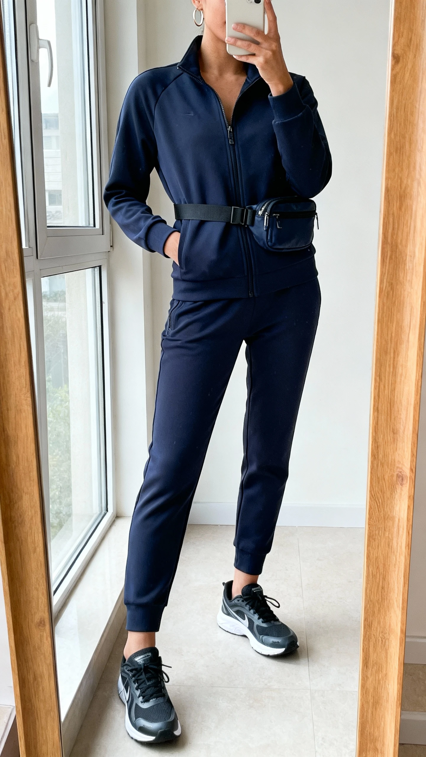 iPhone casual mirror selfie of a woman wearing an elevated athleisure matching set (zip-up track jacket and tapered joggers), sleek running sneakers, crossbody belt bag, and thin hoop earrings, face not visible, full-length mirror by window, bright natural light, iPhone photo quality.
