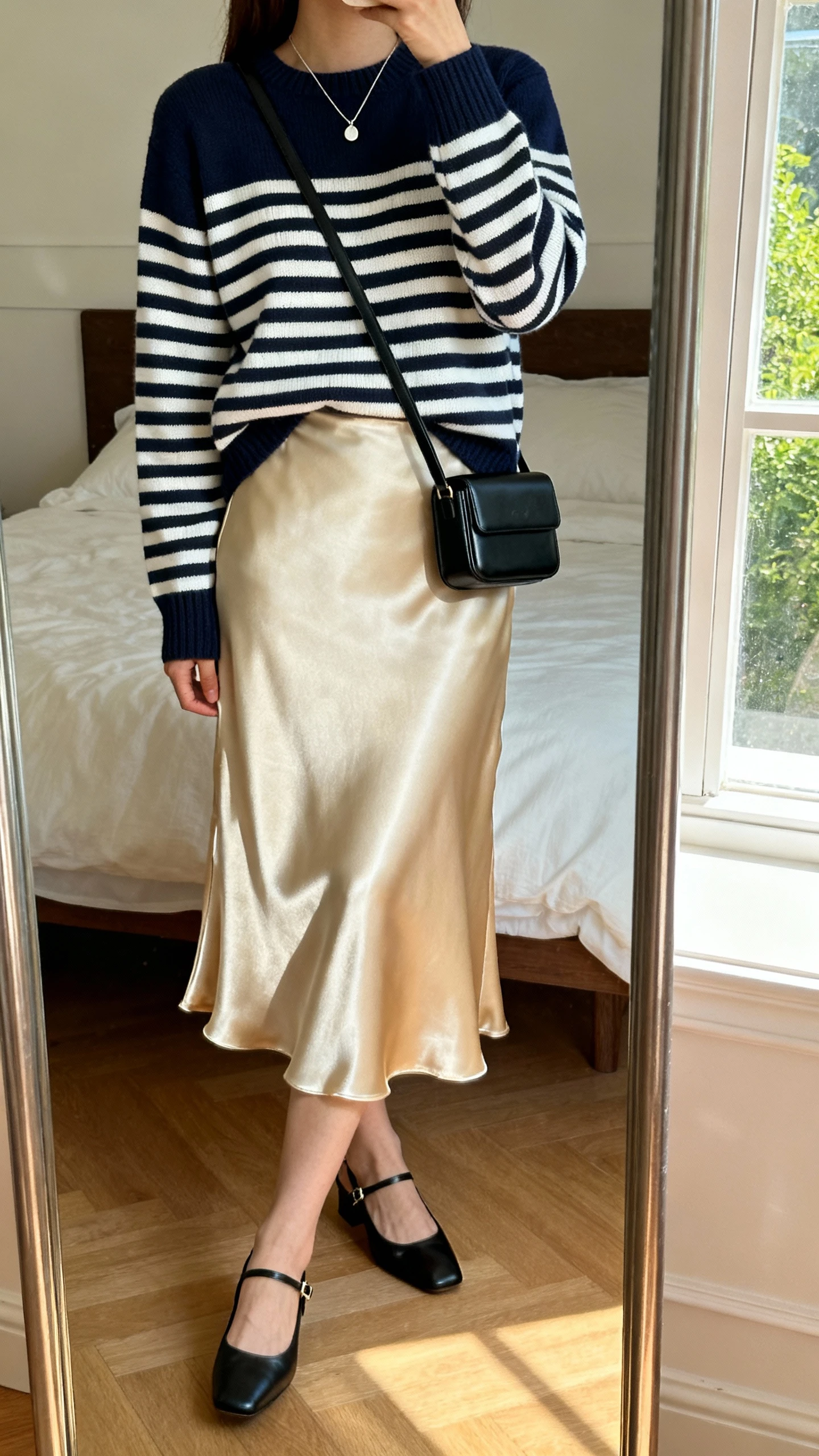 iPhone mirror selfie of a woman in a navy-and-white Breton striped sweater tucked into a champagne satin slip skirt, slingback flats, a compact black shoulder bag, and a delicate pendant necklace, face not visible, cropped at shoulders, bedroom mirror with natural window light, iPhone photo quality.