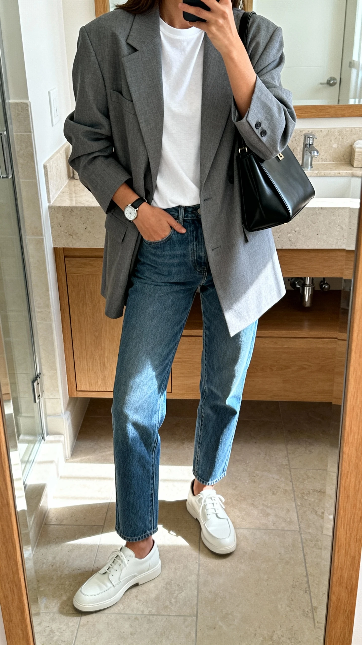 iPhone mirror selfie of a woman in an easy blazer + tee combo: gray oversized blazer over a white crewneck tee, straight-leg blue jeans, white leather sneakers, black structured tote, simple watch, face not visible, bathroom full-length mirror, morning light, iPhone photo quality