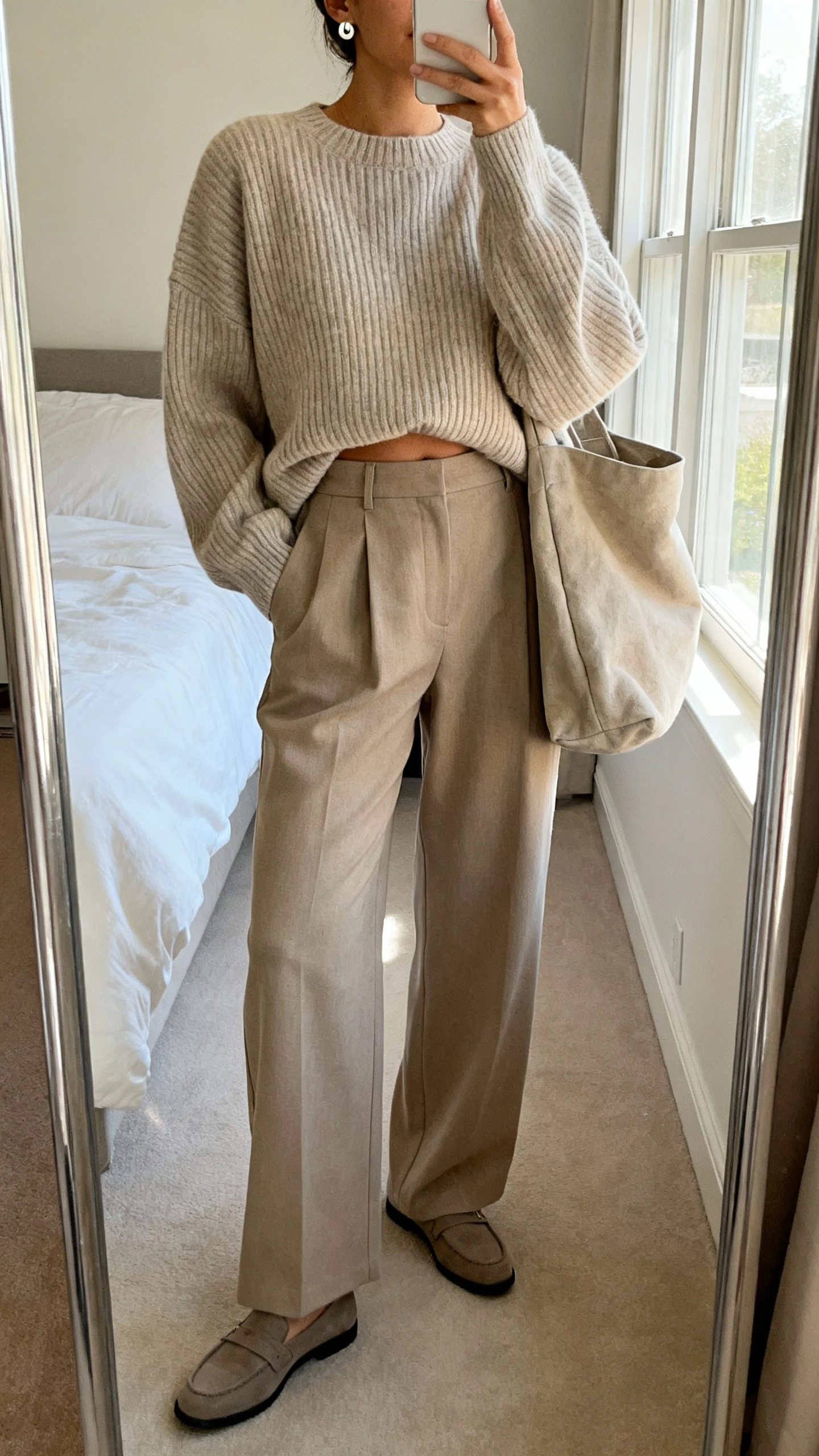 iPhone mirror selfie of a woman in an oversized ribbed sweater front-tucked into wide-leg trousers, loafers, simple stud earrings, and a slouchy tote, face not visible, cropped at shoulders, bedroom mirror, soft window light, iPhone photo quality