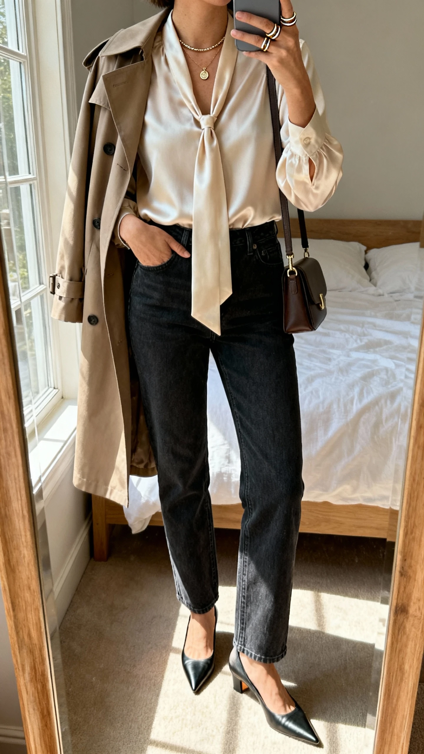 iPhone mirror selfie of a woman in straight-leg dark-wash jeans, a silk tie-neck blouse, pointed-toe pumps, a delicate pendant necklace with stackable rings, a small shoulder bag, and a tailored trench draped over her shoulders; face not visible, cropped at shoulders, bedroom mirror, afternoon window light, iPhone photo quality.
