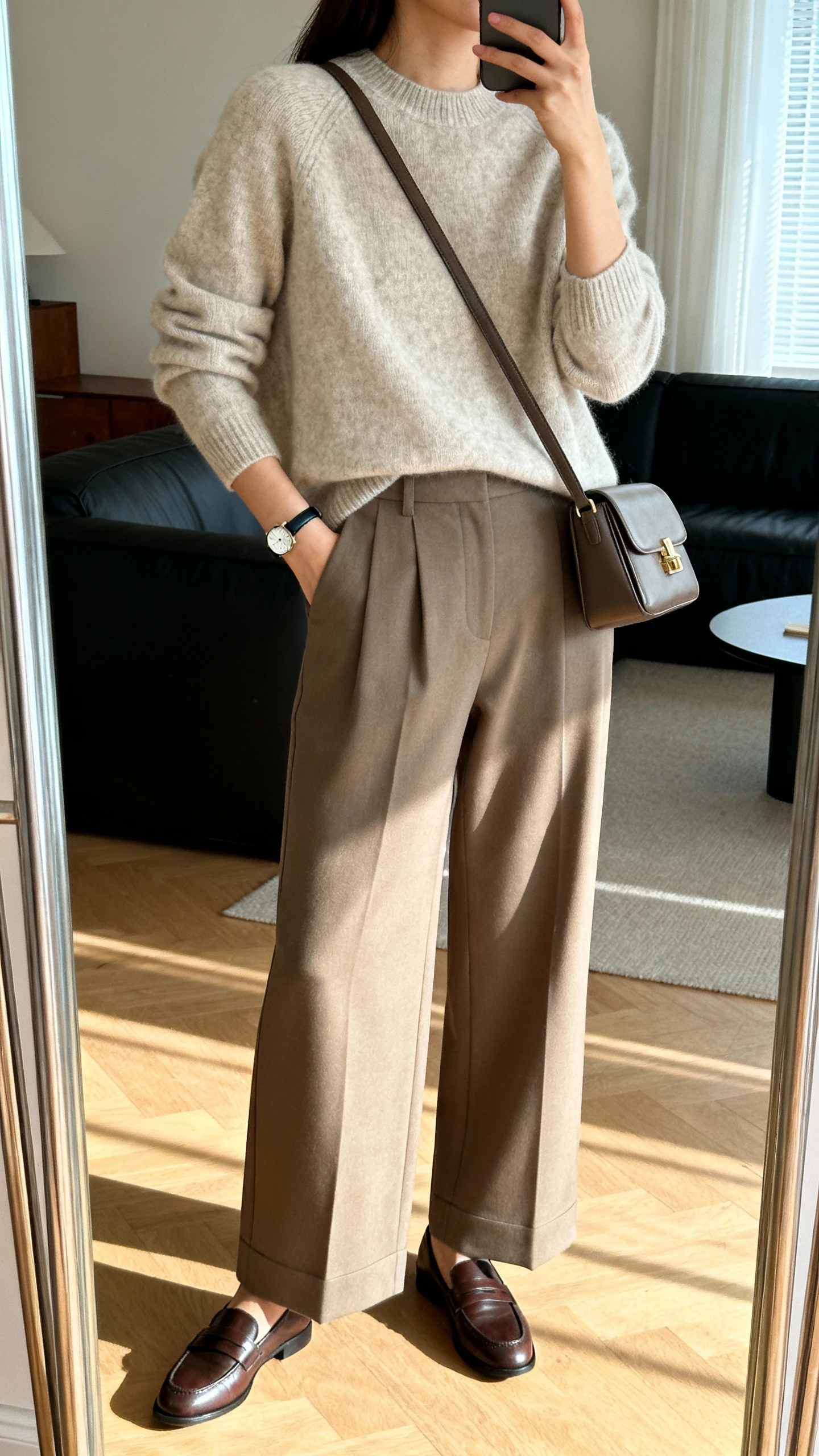 iPhone mirror selfie of a woman wearing a cashmere crewneck sweater with high-waisted wide-leg trousers, classic loafers, a slim watch, and a refined crossbody bag, face not visible, side angle, living room mirror, gentle morning light, iPhone photo quality.