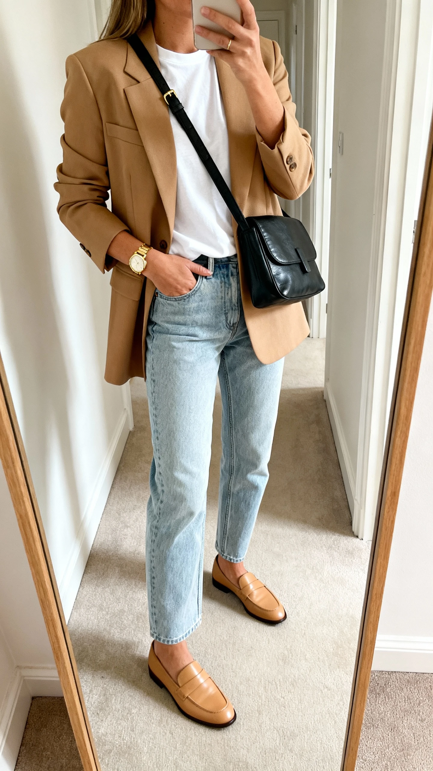iPhone mirror selfie of a woman wearing a casual-cool camel blazer outfit: camel blazer over a white crewneck tee, relaxed straight-leg light-wash jeans, tan leather loafers, black leather crossbody bag, simple gold watch, face not visible, side angle in hallway full-length mirror, indoor natural light, iPhone photo quality