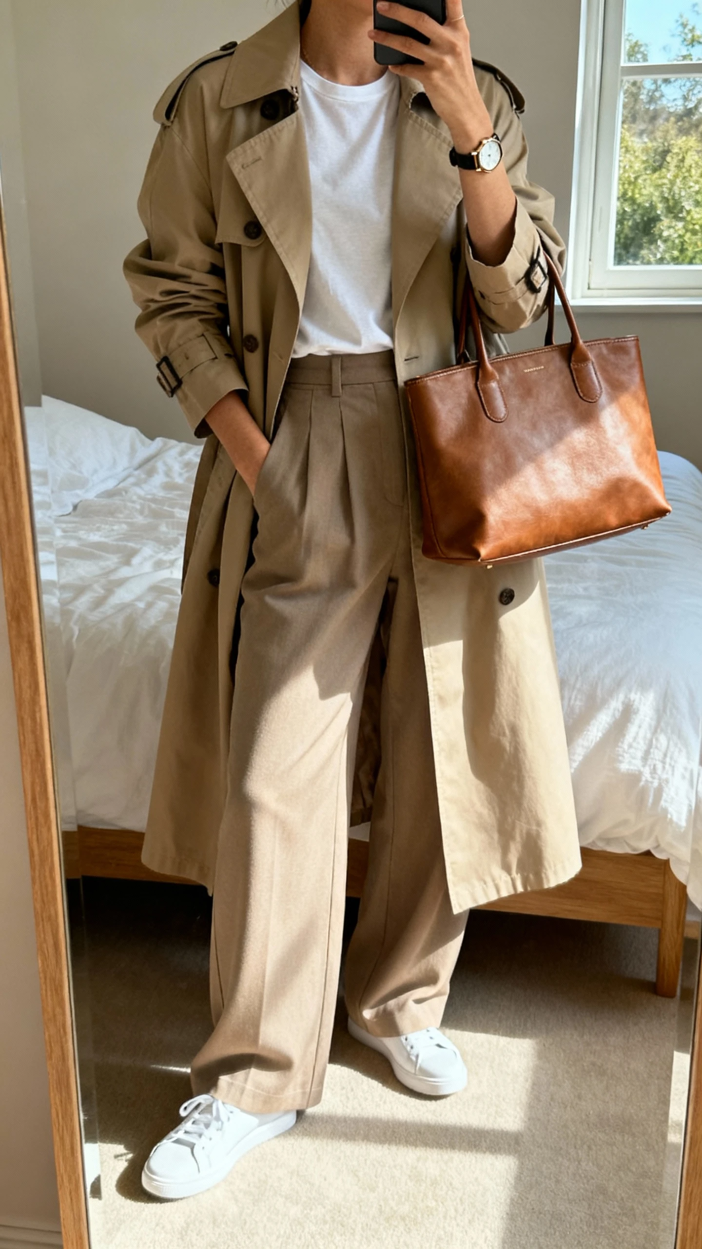 iPhone mirror selfie of a woman wearing a classic trench coat over a simple tee with high-waisted wide-leg trousers, white sneakers, a leather tote, and a watch, face not visible, cropped at neck, bedroom mirror, daylight from window, iPhone photo quality