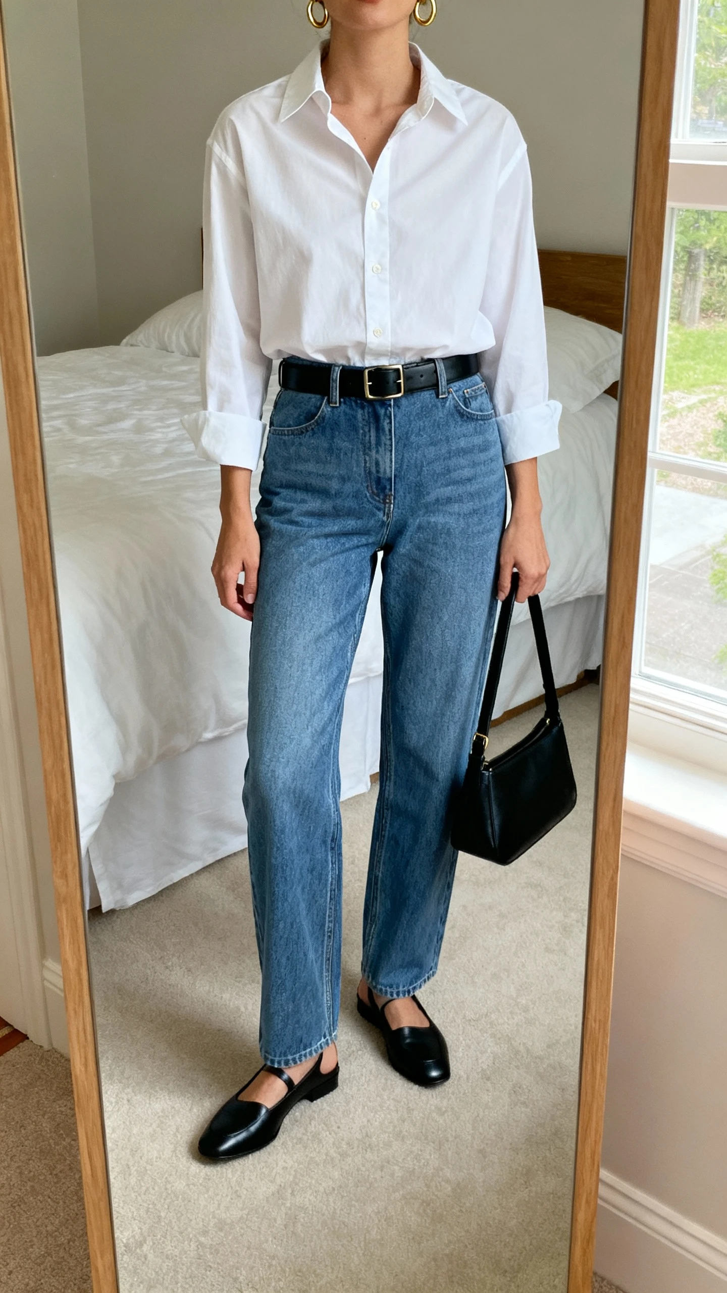 iPhone mirror selfie of a woman wearing a crisp white button-up shirt tucked into relaxed straight-leg blue jeans, black leather belt, minimalist gold hoops, black loafers, structured black shoulder bag in hand, face not visible, cropped at neck, bedroom mirror with natural window light, iPhone photo quality.
