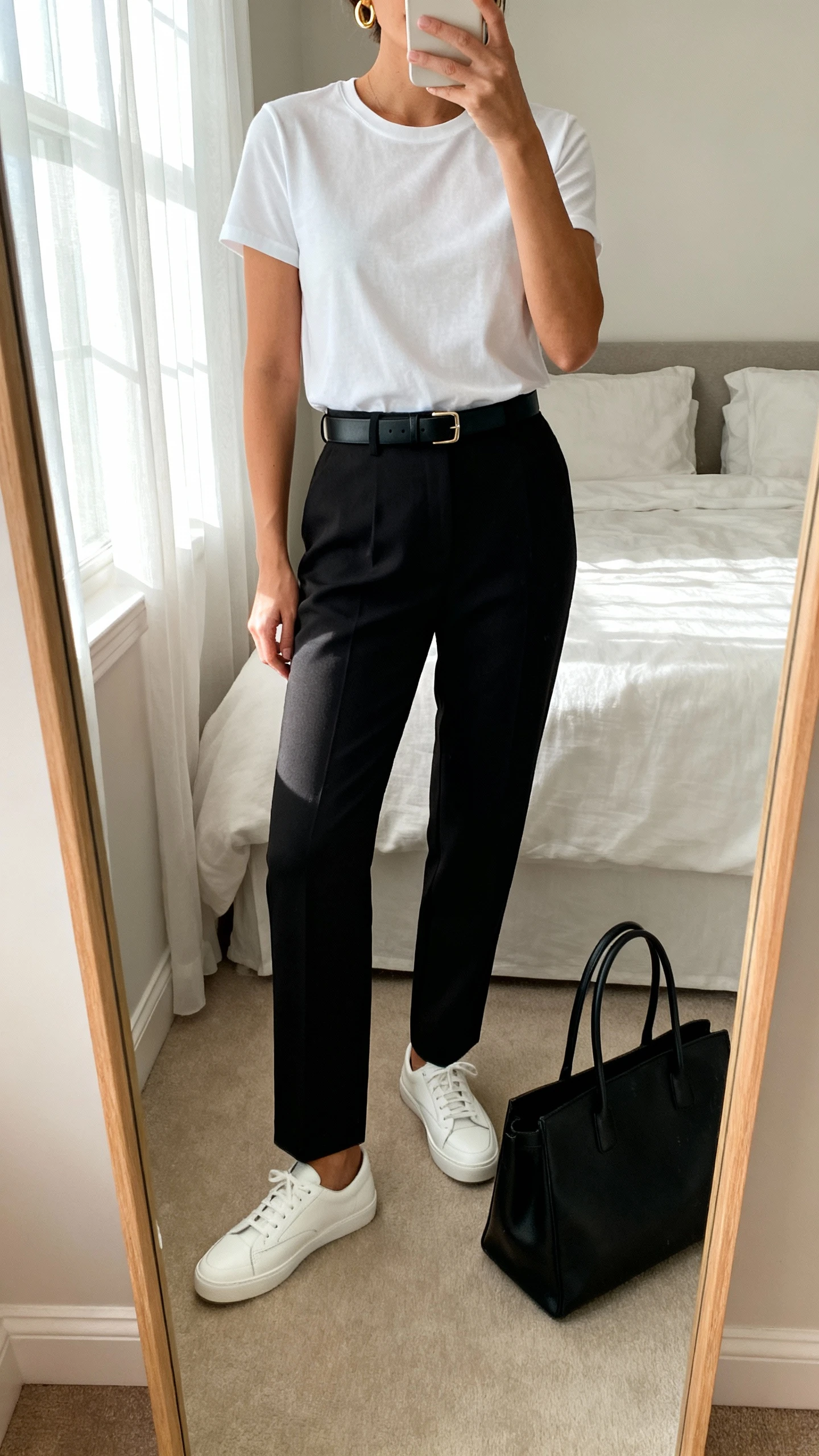 iPhone mirror selfie of a woman wearing a crisp white crewneck tee tucked into high-waisted tailored black trousers, minimalist white leather sneakers, a slim black belt, small gold hoops, and a structured black tote on the floor; face not visible, cropped at neck, bedroom mirror with natural morning window light, iPhone photo quality.