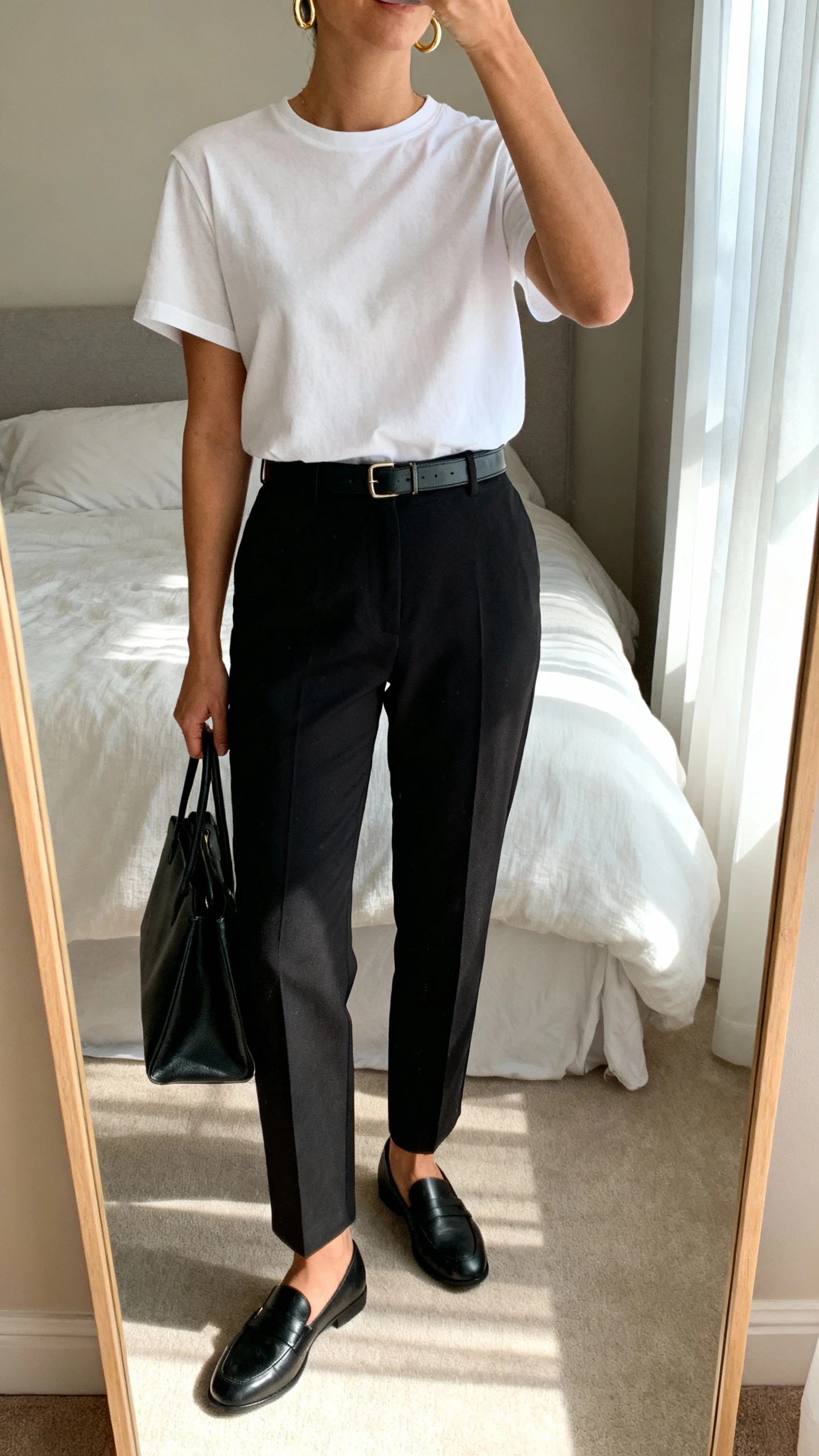 iPhone mirror selfie of a woman wearing a crisp white elevated tee tucked into tailored black trousers with a slim leather belt, minimalist gold hoop earrings, sleek black loafers, and a structured black tote, face not visible, cropped at neck, bedroom mirror, soft morning window light, iPhone photo quality.