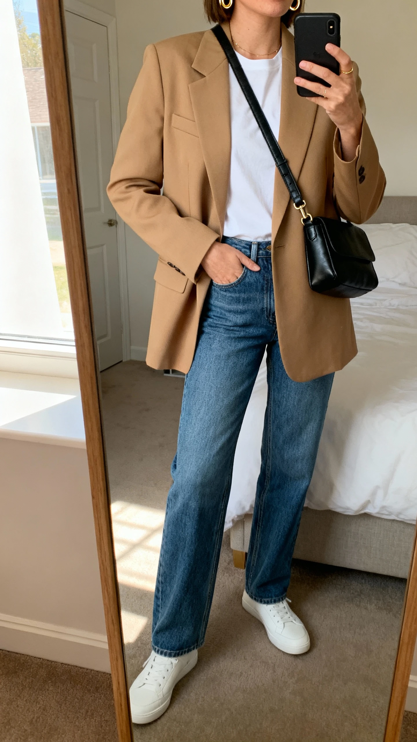iPhone mirror selfie of a woman wearing a crisp white tee tucked into high-waisted straight-leg blue jeans, a tailored camel blazer, minimalist white sneakers, delicate gold hoops, and a black leather crossbody, face not visible, cropped at neck, bedroom mirror with morning window light, iPhone photo quality.