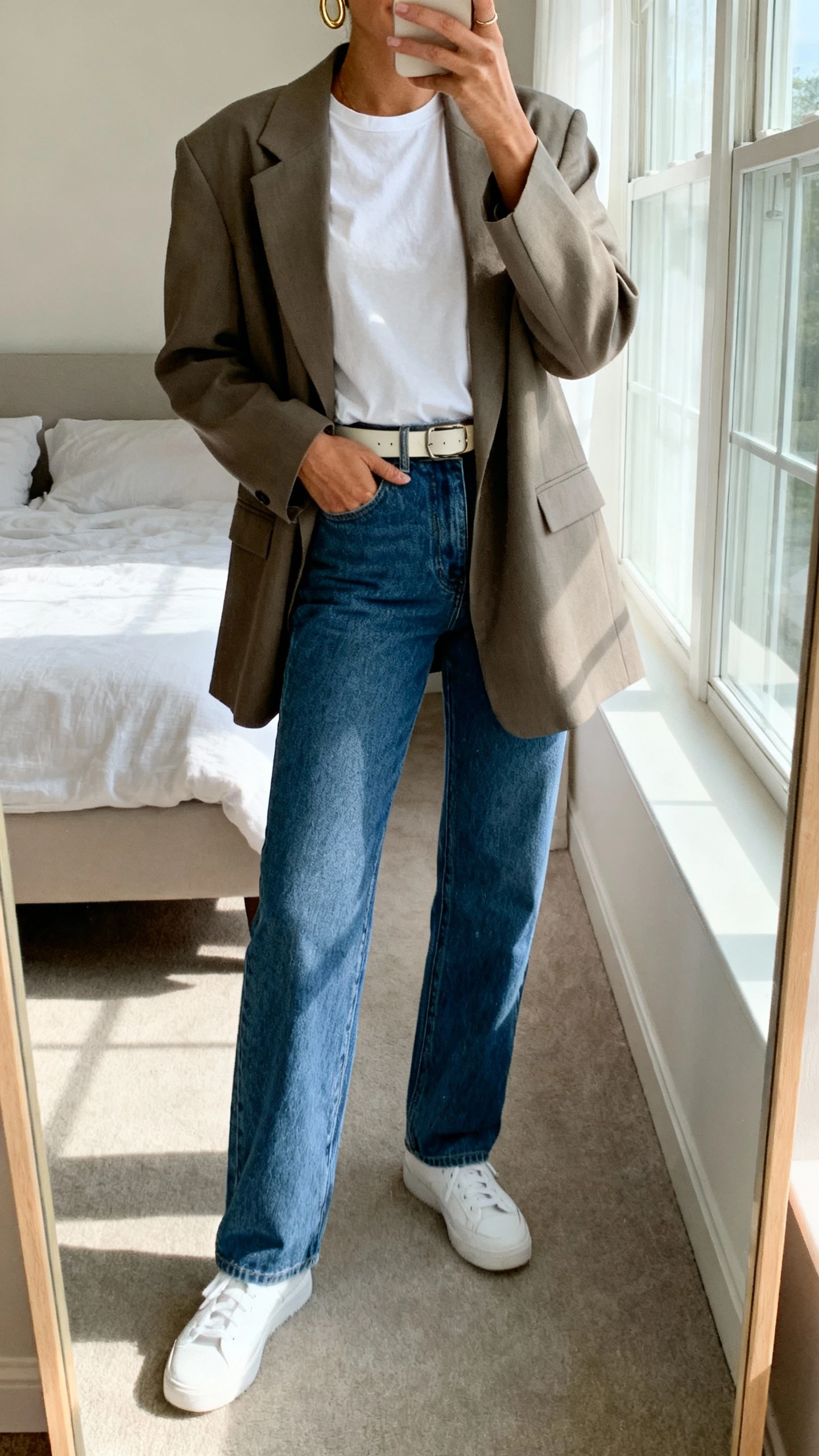 iPhone mirror selfie of a woman wearing a crisp white T-shirt tucked into straight-leg blue jeans with a relaxed oversized blazer, minimalist belt, classic white sneakers, simple gold hoops, face not visible, cropped at neck, bedroom mirror, natural window light, iPhone photo quality.