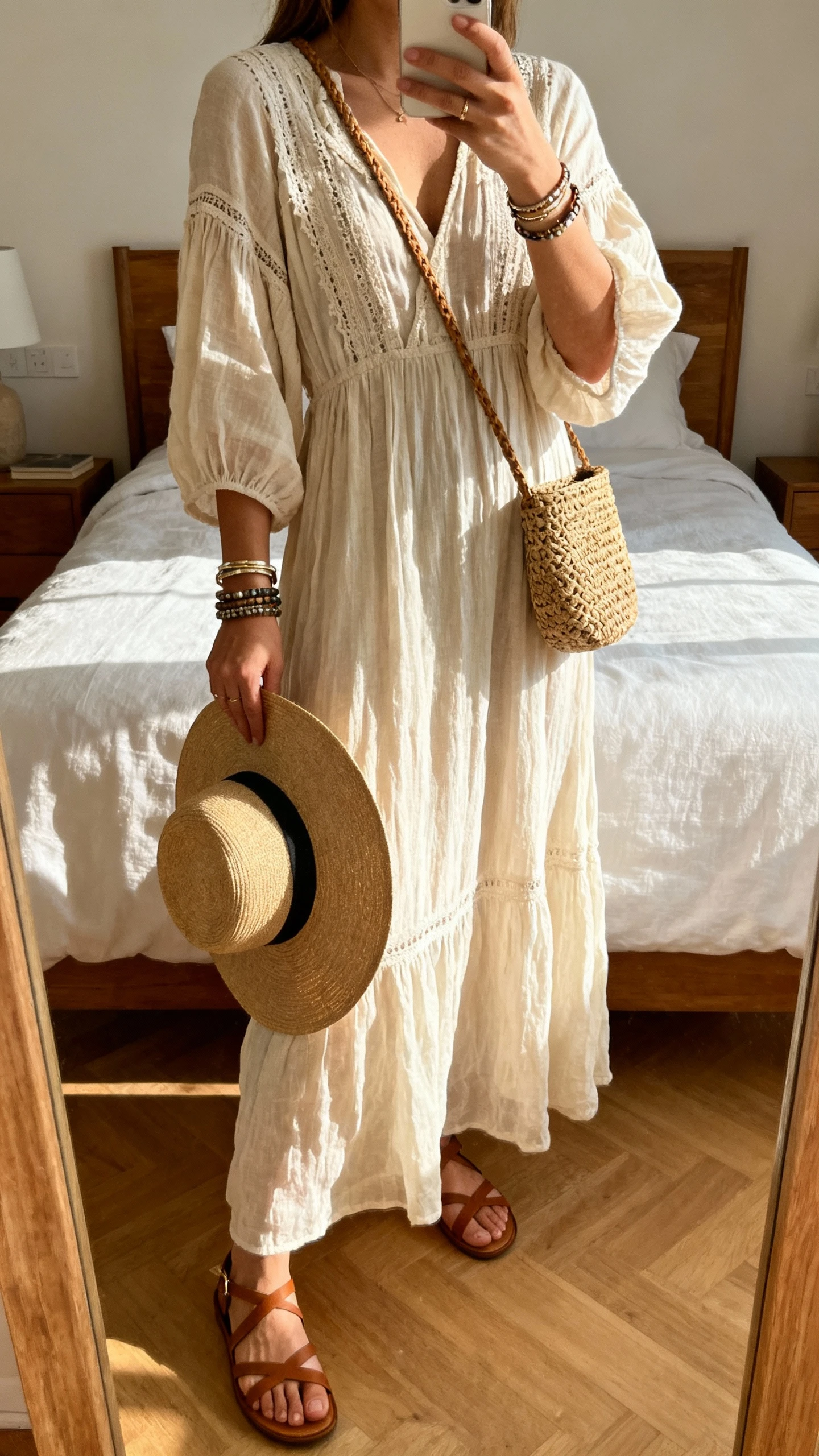 iPhone mirror selfie of a woman wearing a flowy boho maxi dress, strappy flat sandals, layered bracelets, a wide-brim hat in hand, and a woven crossbody bag, face not visible, cropped at neck, bedroom mirror with warm afternoon light, iPhone photo quality.