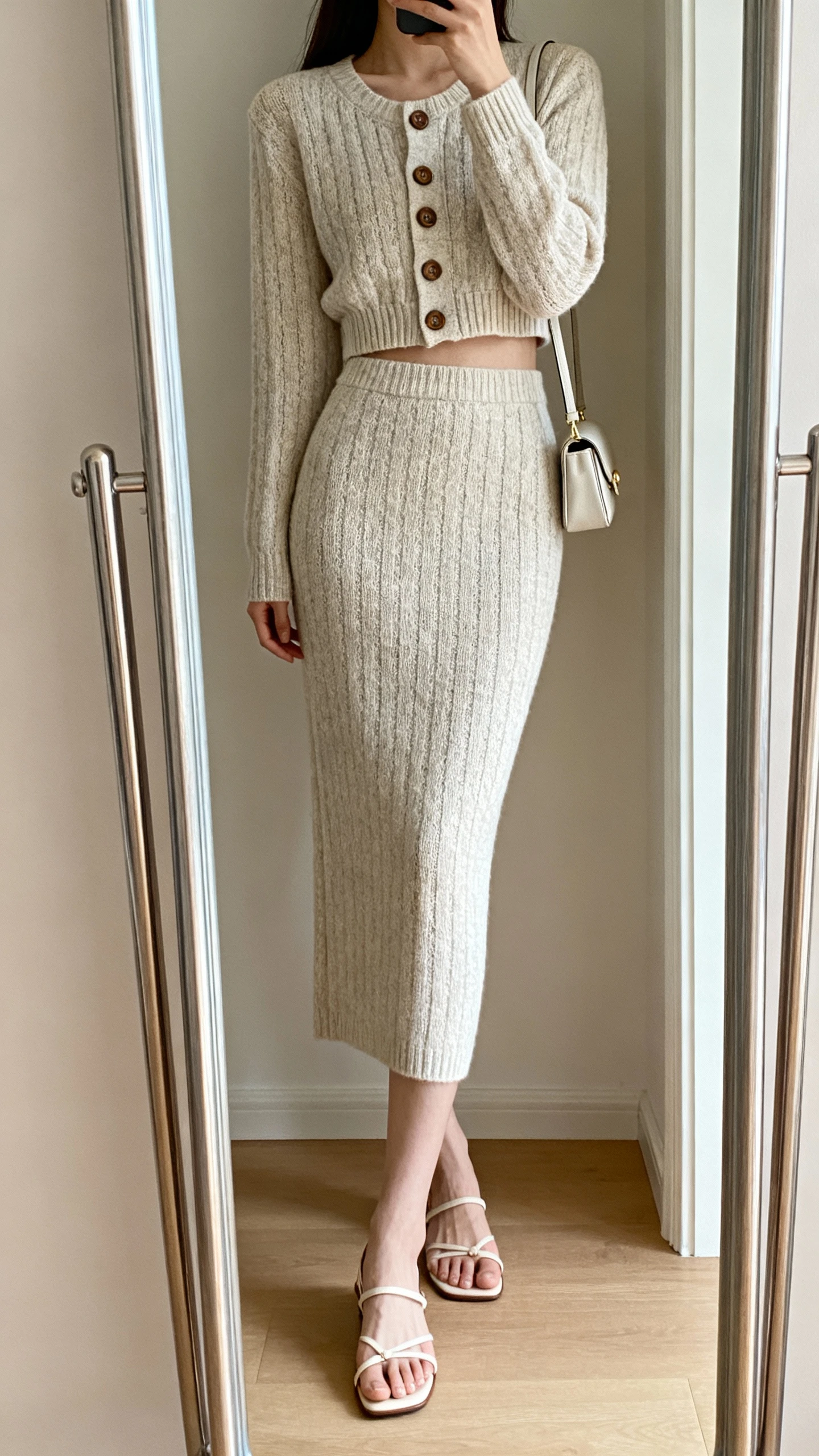 iPhone mirror selfie of a woman wearing a knit set: cropped cardigan buttoned at the waist with a slim matching skirt, paired with delicate sandals and a small shoulder bag, face not visible, cropped at neck, full-length mirror, gentle indoor lighting, iPhone photo quality