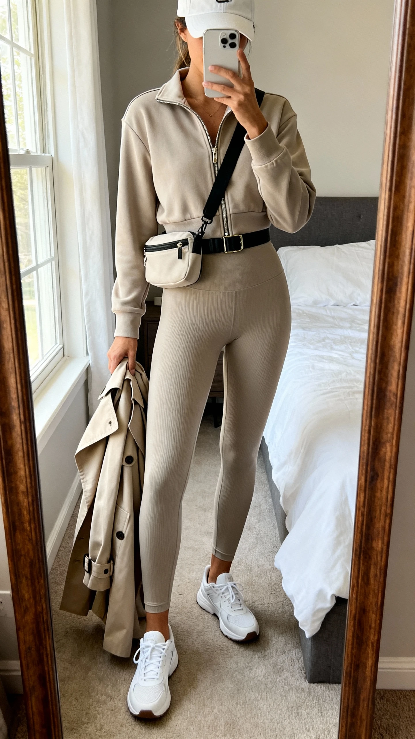 iPhone mirror selfie of a woman wearing a matching athleisure set (tailored zip-up track jacket, high-waist leggings) with sleek white sneakers, crossbody belt bag, lightweight trench draped over arm, baseball cap, face not visible, cropped at neck, bedroom mirror, morning window light, iPhone photo quality.