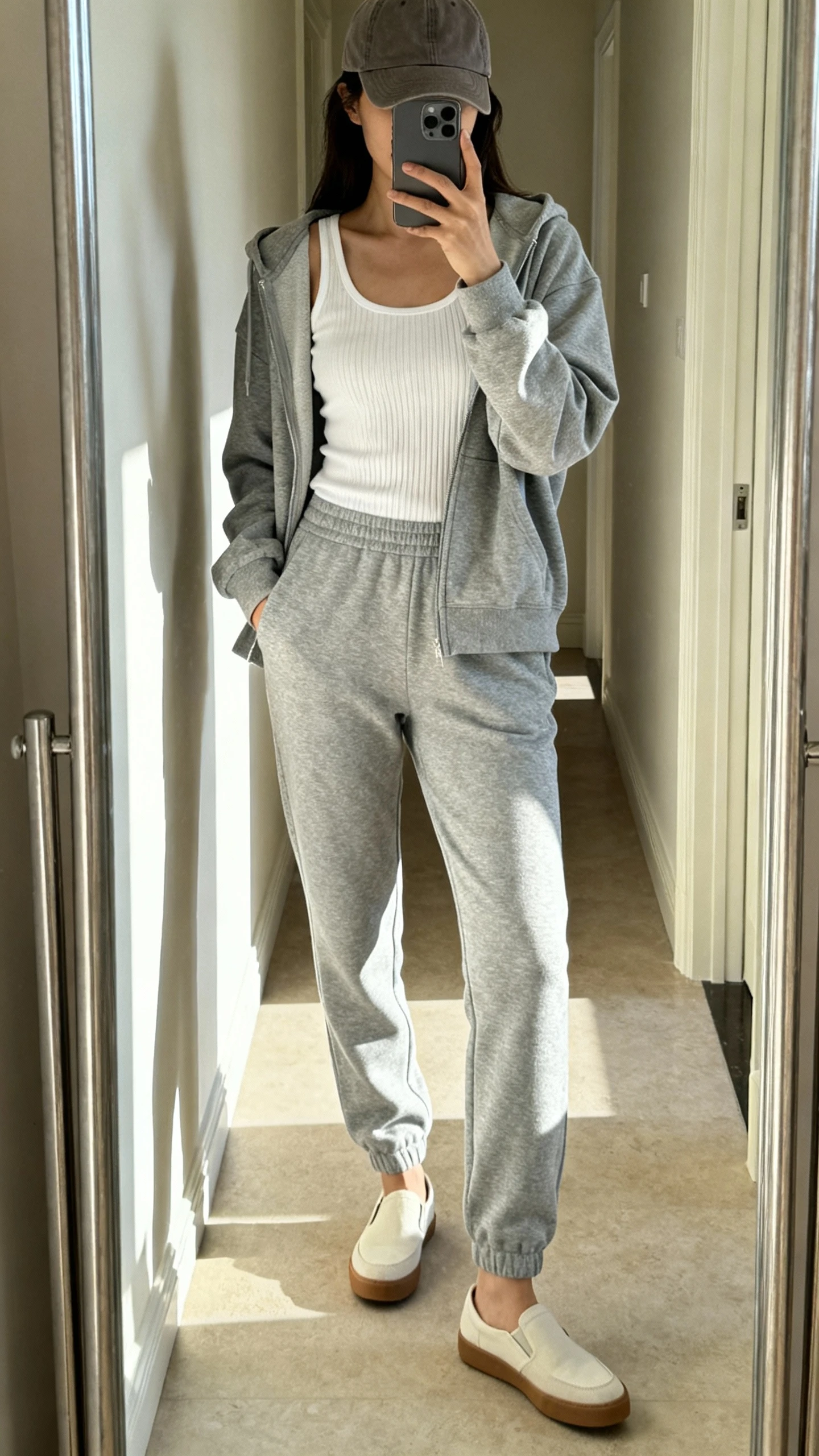 iPhone mirror selfie of a woman wearing a matching jogger set (slim joggers and relaxed hoodie) in heather gray, layered over a white ribbed tank, with slip-on sneakers and a simple baseball cap, face not visible, cropped at shoulders, hallway mirror with natural light, iPhone photo quality.