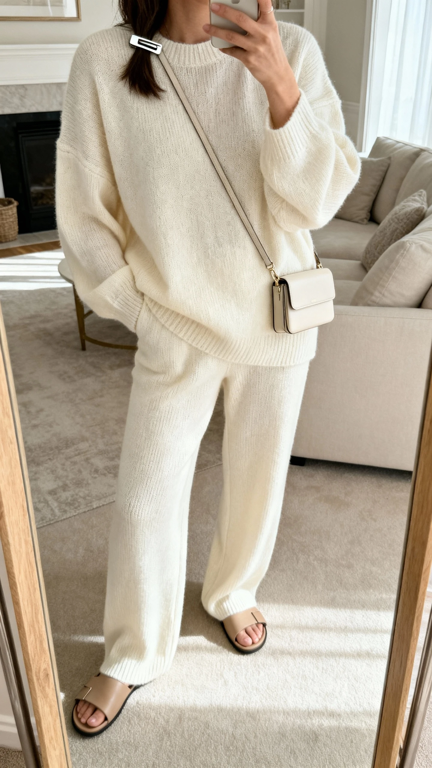 iPhone mirror selfie of a woman wearing a monochrome knit set (relaxed sweater and matching knit trousers) in cream, minimalist leather slides, compact crossbody, sleek hair clip, face not visible, cropped at shoulders, living room mirror, soft morning light, iPhone photo quality.