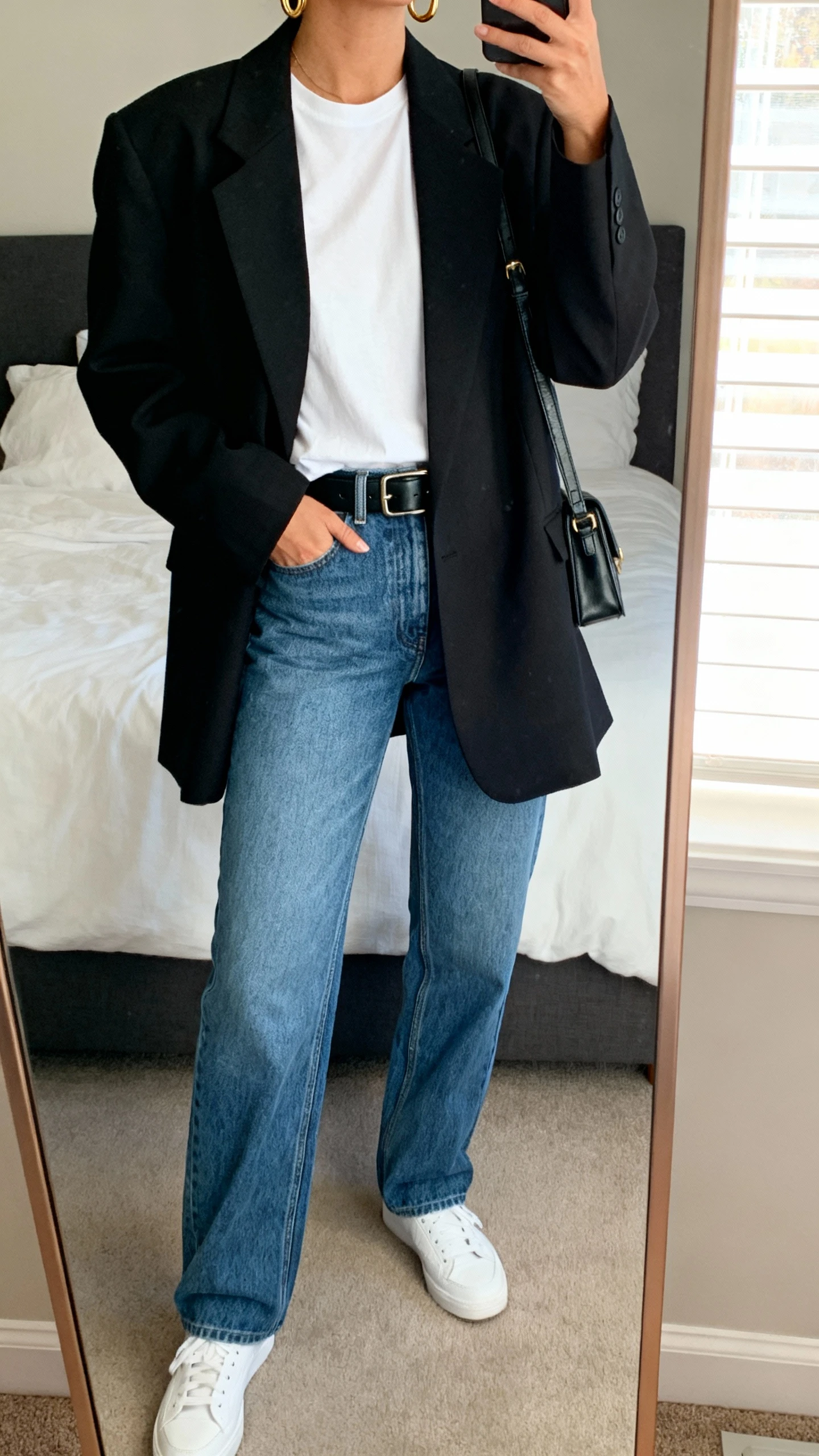 iPhone mirror selfie of a woman wearing a relaxed white tee tucked into straight-leg blue jeans, oversized black blazer, clean white sneakers, simple gold hoops, black leather belt, and a small crossbody bag, face not visible, cropped at neck, bedroom mirror, natural window light, iPhone photo quality.
