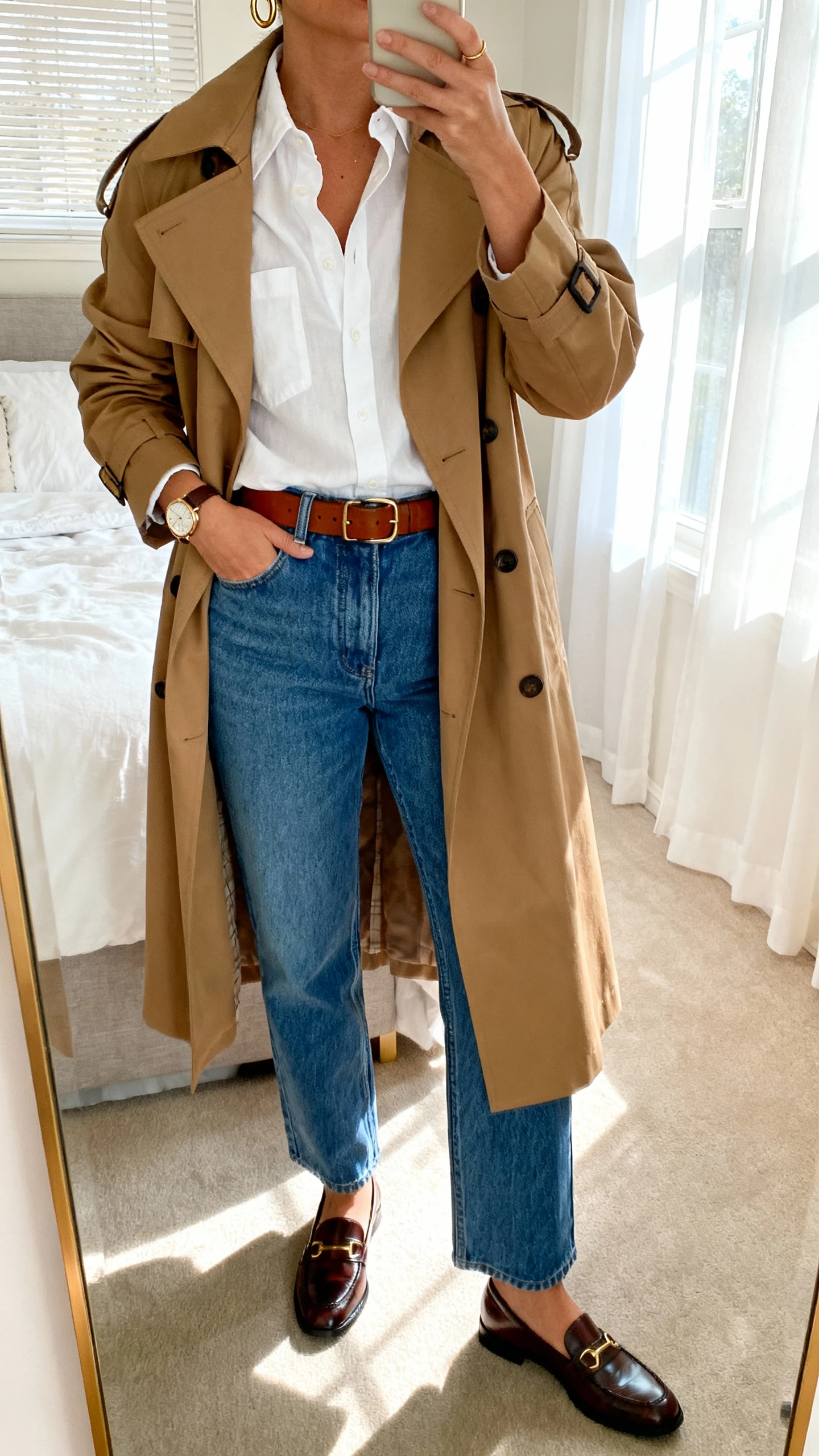 iPhone mirror selfie of a woman wearing a relaxed white button-down shirt tucked into mid/high-rise straight-leg blue jeans, polished loafers, structured brown leather belt, minimal gold hoops and a watch, topped with a classic camel trench coat; face not visible, cropped at neck, bedroom mirror with natural morning window light, iPhone photo quality.