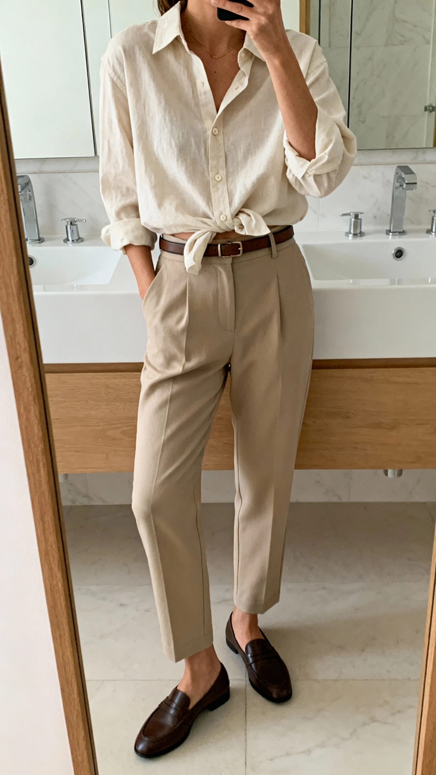 iPhone mirror selfie of a woman wearing a relaxed button-down half-tucked into cigarette pants with loafers and a slim belt, face not visible, cropped at shoulders, bathroom mirror, soft indoor lighting, iPhone photo quality