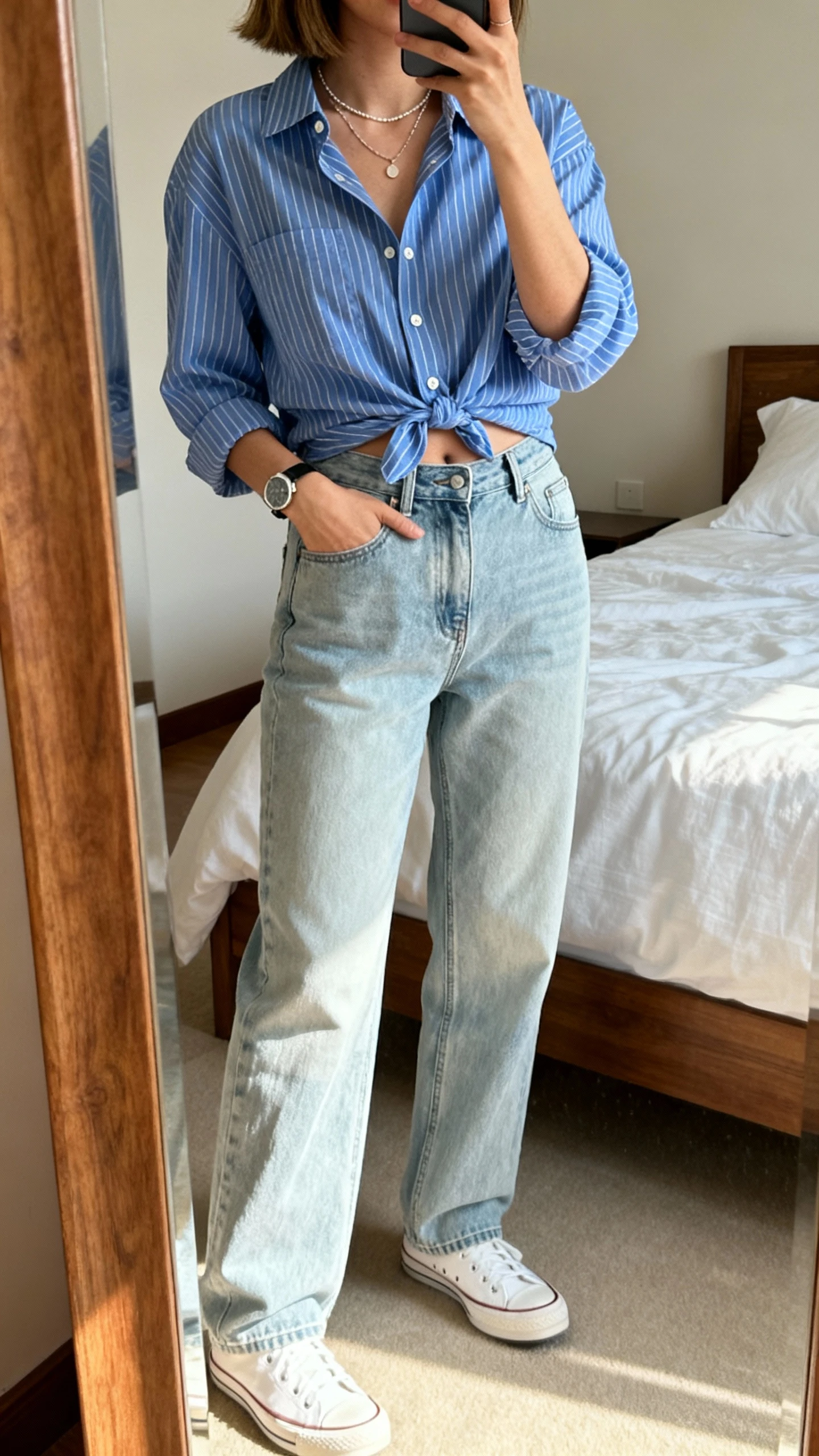 iPhone mirror selfie of a woman wearing a relaxed light-wash straight-leg denim with a blue striped button-down half-tucked and white retro sneakers, layered delicate necklace, simple watch, face not visible, shoulder-cropped, bedroom mirror, natural afternoon light, iPhone photo quality.