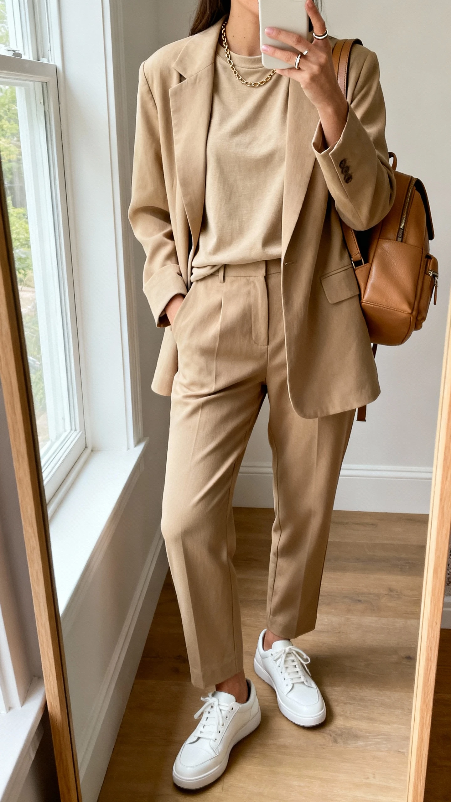 iPhone mirror selfie of a woman wearing a relaxed-fit sand blazer with matching trousers, a minimal sand crewneck tee, clean all-white leather sneakers, a thin chain necklace, a subtle stacking ring, and a refined tan backpack, face not visible, cropped at neck, full-length mirror by window, bright natural light, iPhone photo quality.