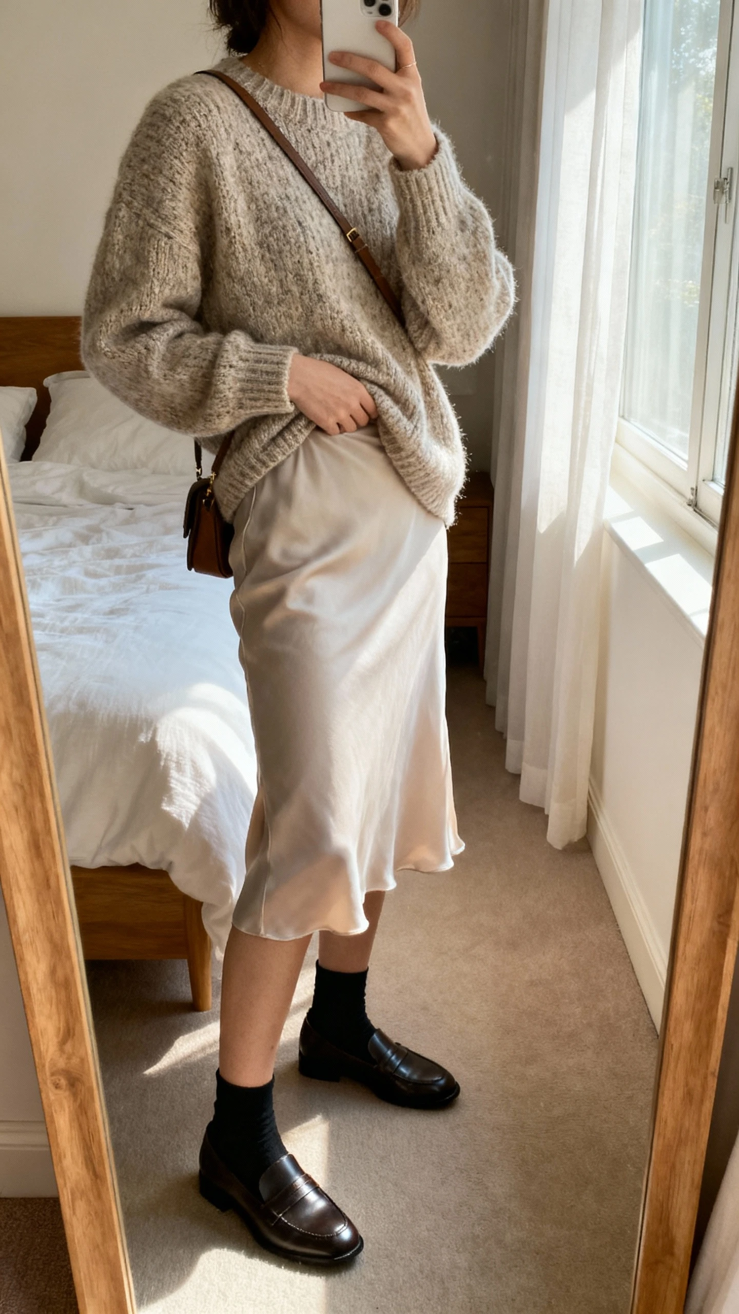 iPhone mirror selfie of a woman wearing a slip skirt with a chunky sweater half-tucked, loafers or sleek ankle boots, and a simple crossbody, face not visible, side angle, bedroom mirror, gentle morning window light, iPhone photo quality.