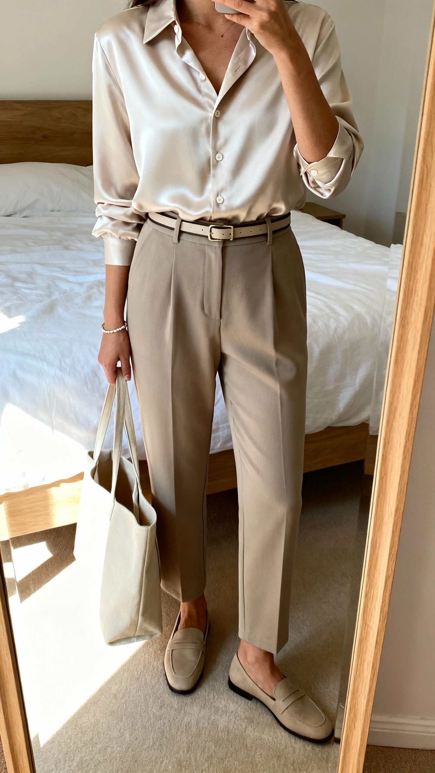 iPhone mirror selfie of a woman wearing a soft blouse (silky button-up) tucked into tailored trousers with a slim belt, loafers, delicate bracelet, simple tote, face not visible, cropped at shoulders, bedroom mirror, natural daylight, iPhone photo quality