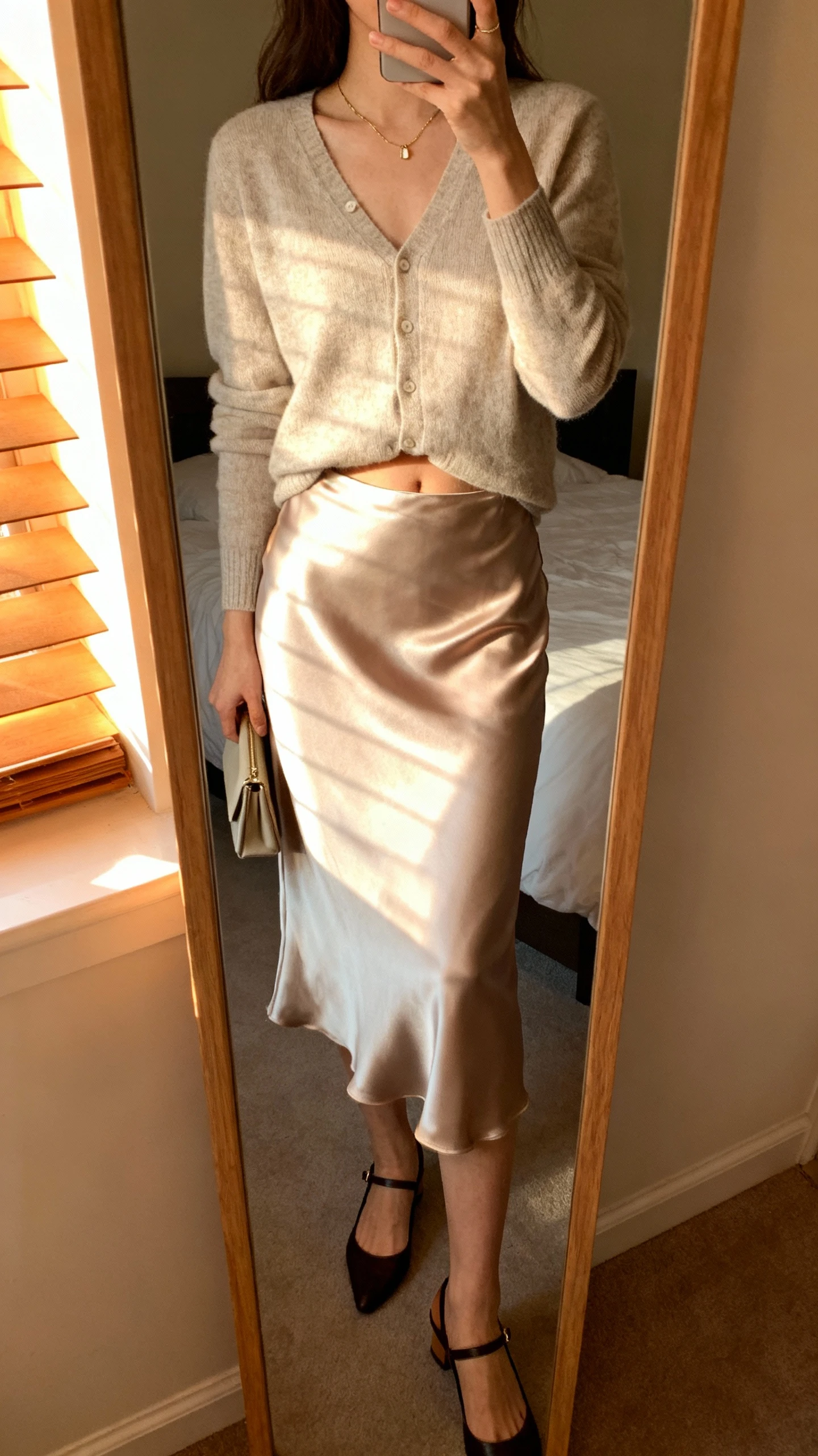 iPhone mirror selfie of a woman wearing a soft cardigan slightly tucked into a satin slip skirt, delicate necklace, slingback flats, and a small clutch, face not visible, cropped at shoulders, bedroom mirror with warm window light, iPhone photo quality.