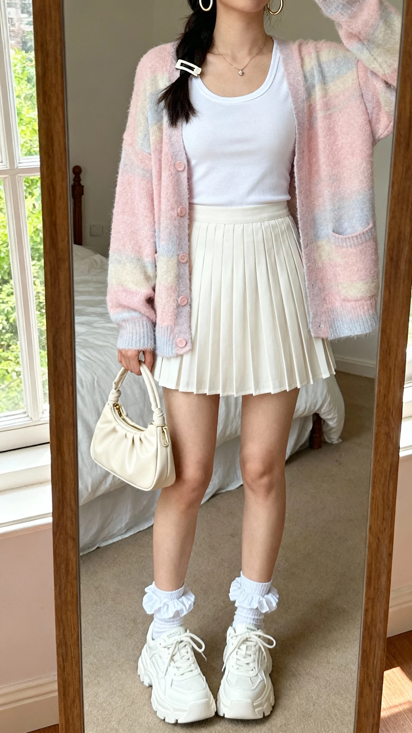 iPhone mirror selfie of a woman wearing a soft-girl streetwear look: pastel cardigan over a fitted white baby tee, pleated mini skirt, chunky white sneakers with scrunched socks, mini baguette bag, dainty hair clip and hoop earrings, face not visible, cropped at neck, bedroom mirror, natural window light, iPhone photo quality.