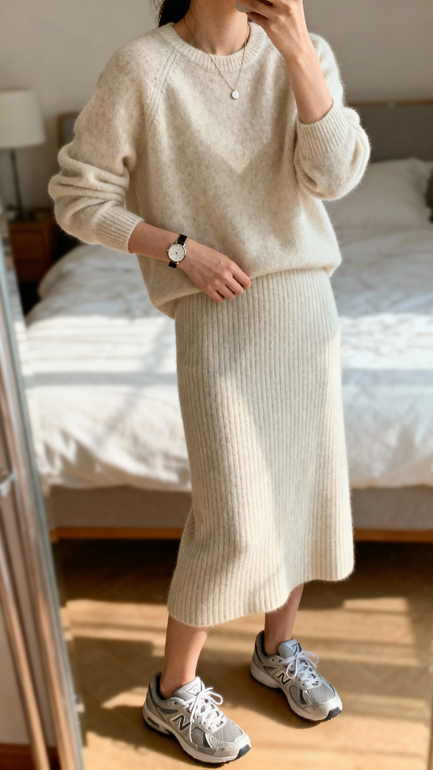 iPhone mirror selfie of a woman wearing a soft knit matching set (crewneck sweater and ribbed knit skirt) with sleek trainers, minimal pendant necklace, and a slim watch, face not visible, cropped at shoulders, bedroom mirror, warm indoor afternoon light, iPhone photo quality