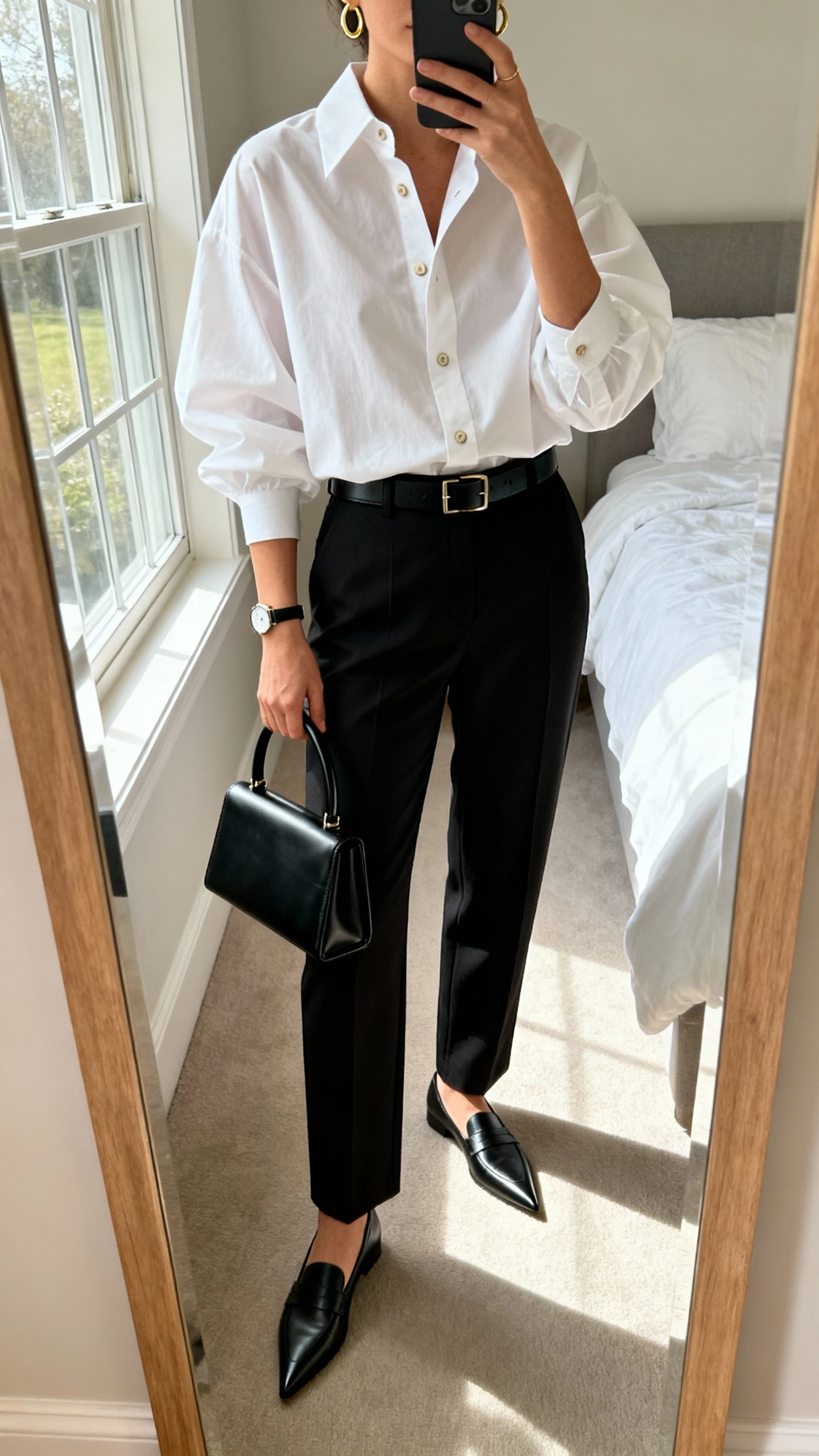 iPhone mirror selfie of a woman wearing a structured crisp white button-up (slightly oversized) tucked into high-waisted black tailored trousers, pointed-toe loafers, minimal black leather belt, simple gold hoops, slim watch, and a structured black top-handle bag, face not visible, cropped at neck, bedroom mirror, morning window light, iPhone photo quality.