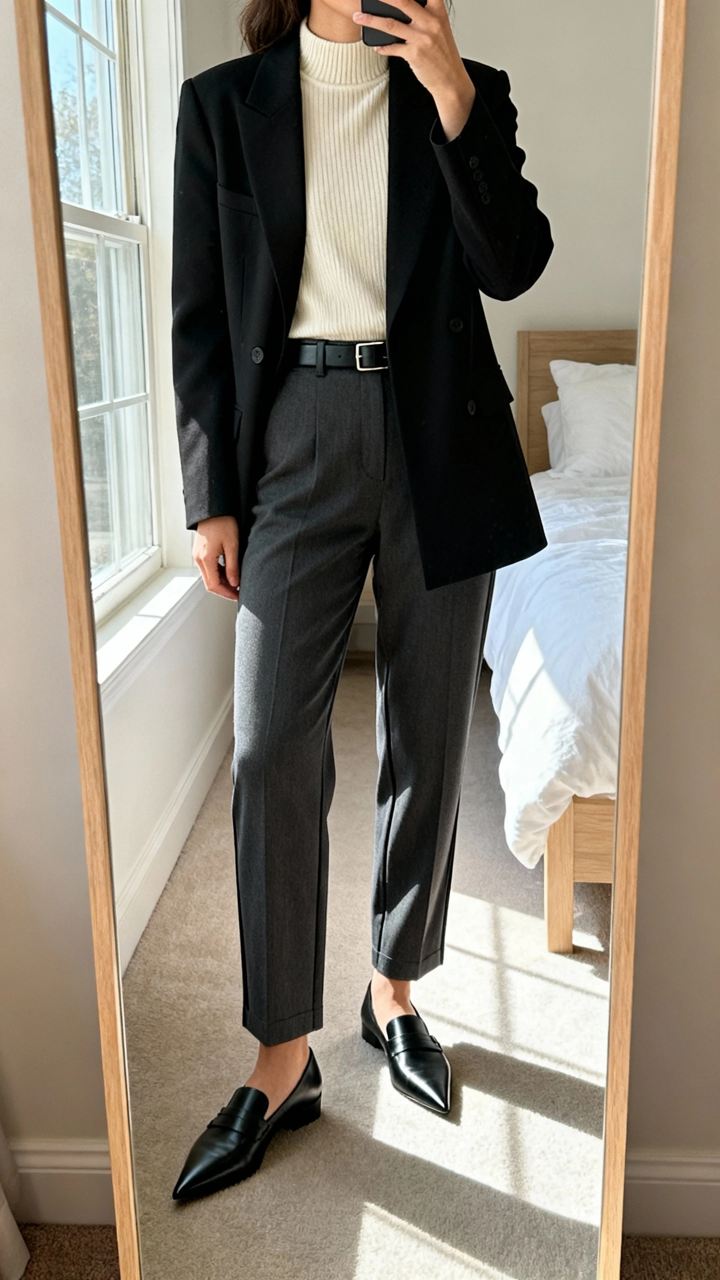 iPhone mirror selfie of a woman wearing a structured single-breasted black blazer over a fine-gauge cream mock-neck knit top, high-waisted straight-leg charcoal trousers with a crease, pointed-toe black loafers, and a minimal black leather belt, face not visible, cropped at neck, bedroom mirror, morning window light, iPhone photo quality.