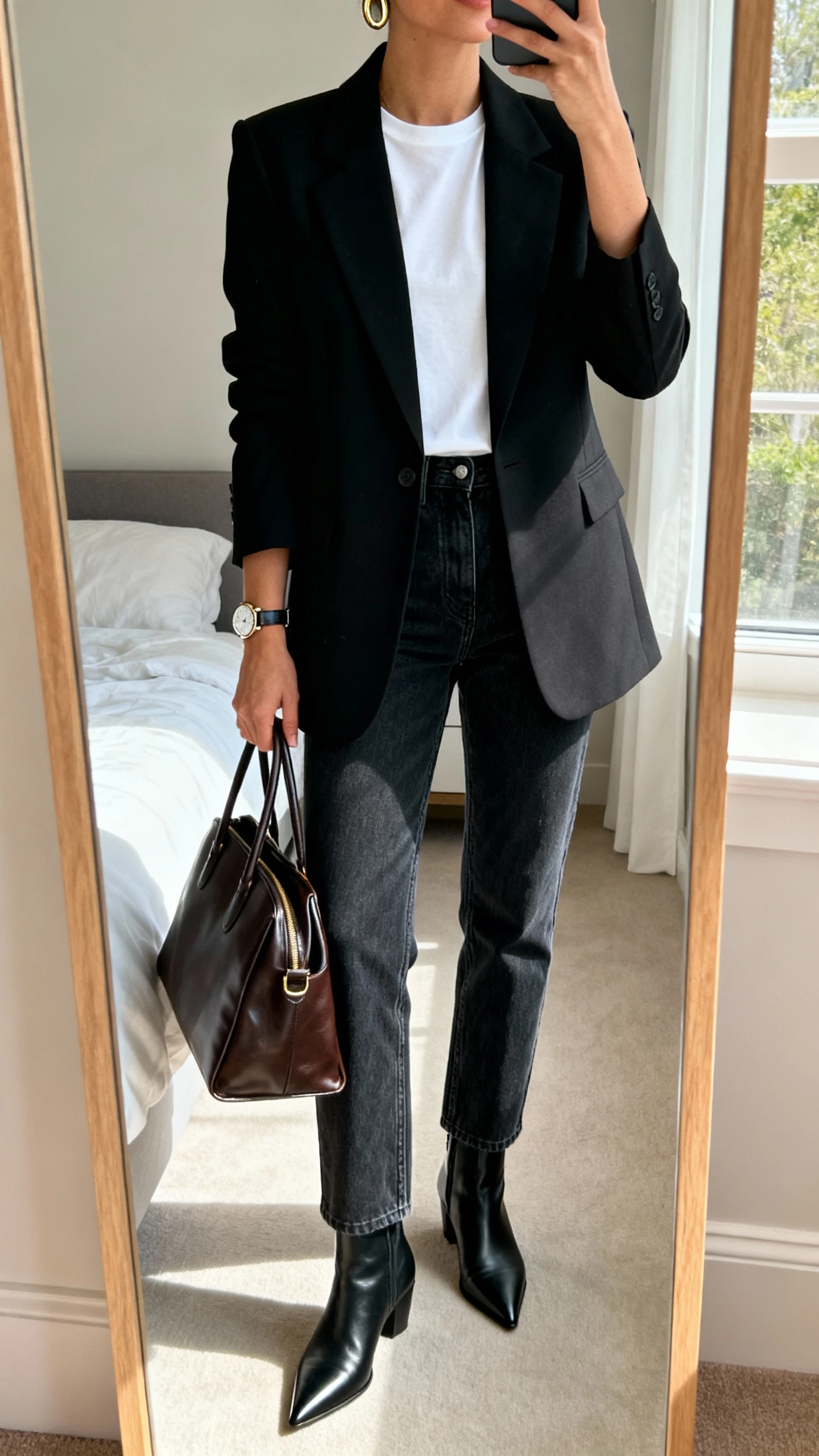 iPhone mirror selfie of a woman wearing a structured black blazer, mid-rise straight-leg dark-wash jeans, a classic white tee, pointed black ankle boots, minimal gold hoops, a watch, and a polished leather tote, face not visible, cropped at neck, bedroom mirror with natural window light, iPhone photo quality.