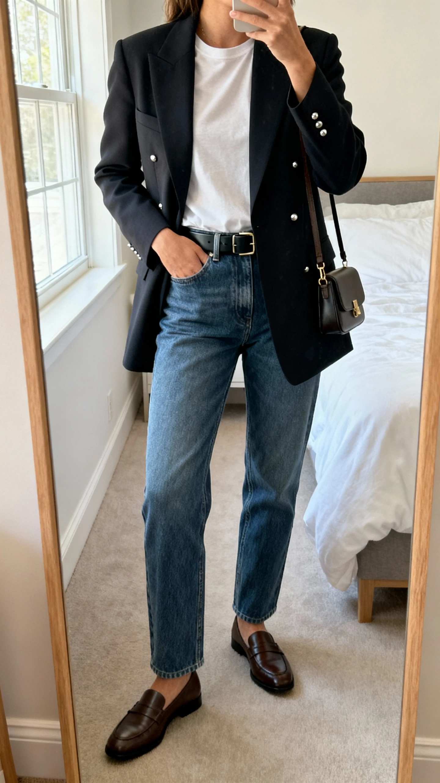 iPhone mirror selfie of a woman wearing a tailored blazer over a simple tee, relaxed straight-leg jeans, sleek belt, minimalist leather loafers, small crossbody bag, and subtle studs, face not visible, cropped at neck, bedroom mirror with natural window light, iPhone photo quality.