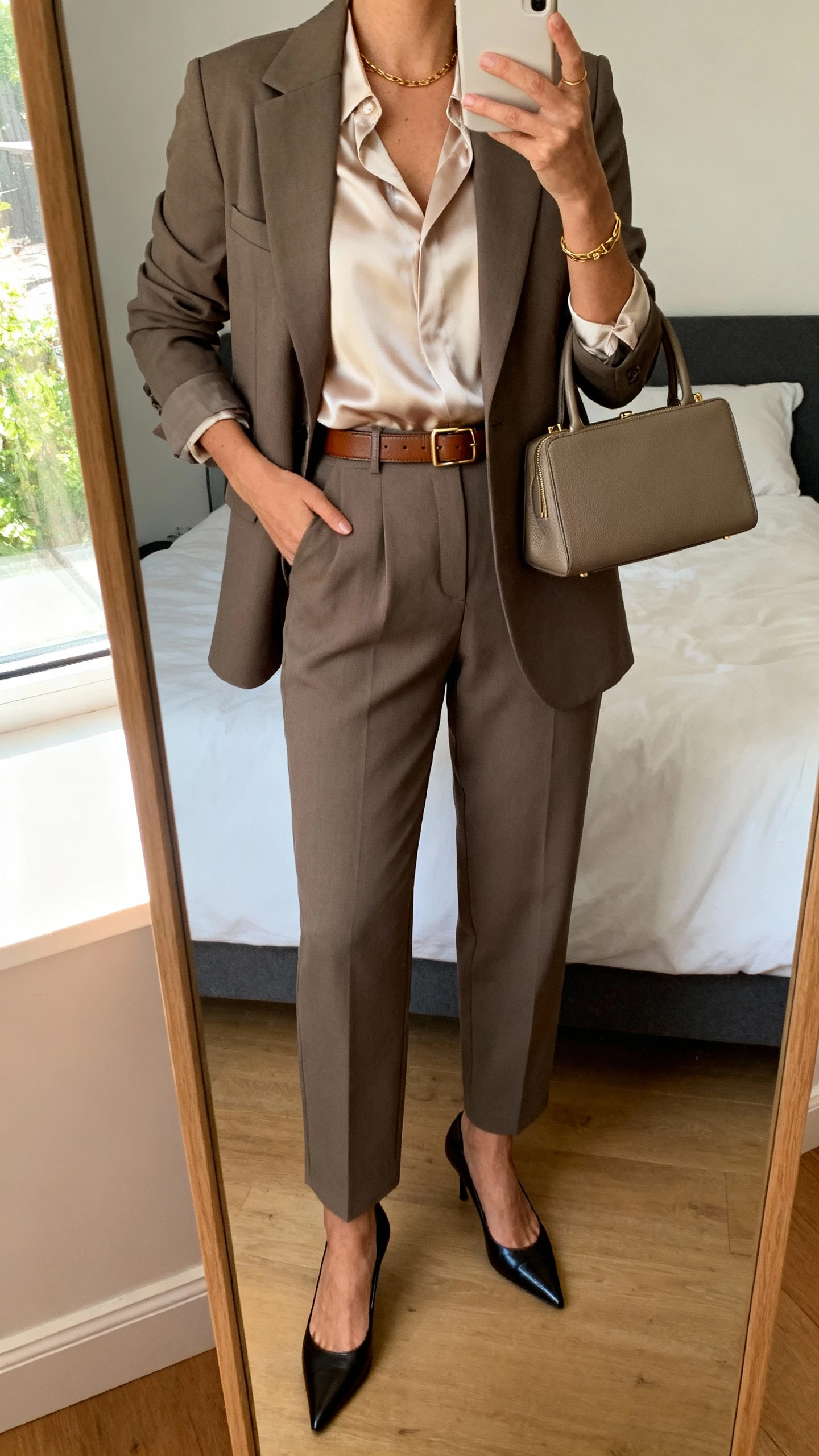 iPhone mirror selfie of a woman wearing a tailored blazer and matching high-waisted trousers with a soft silk blouse, pointed-toe heels, slim leather belt, structured top-handle bag, and minimal gold jewelry, face not visible, cropped at neck, bedroom mirror, natural window light, iPhone photo quality.