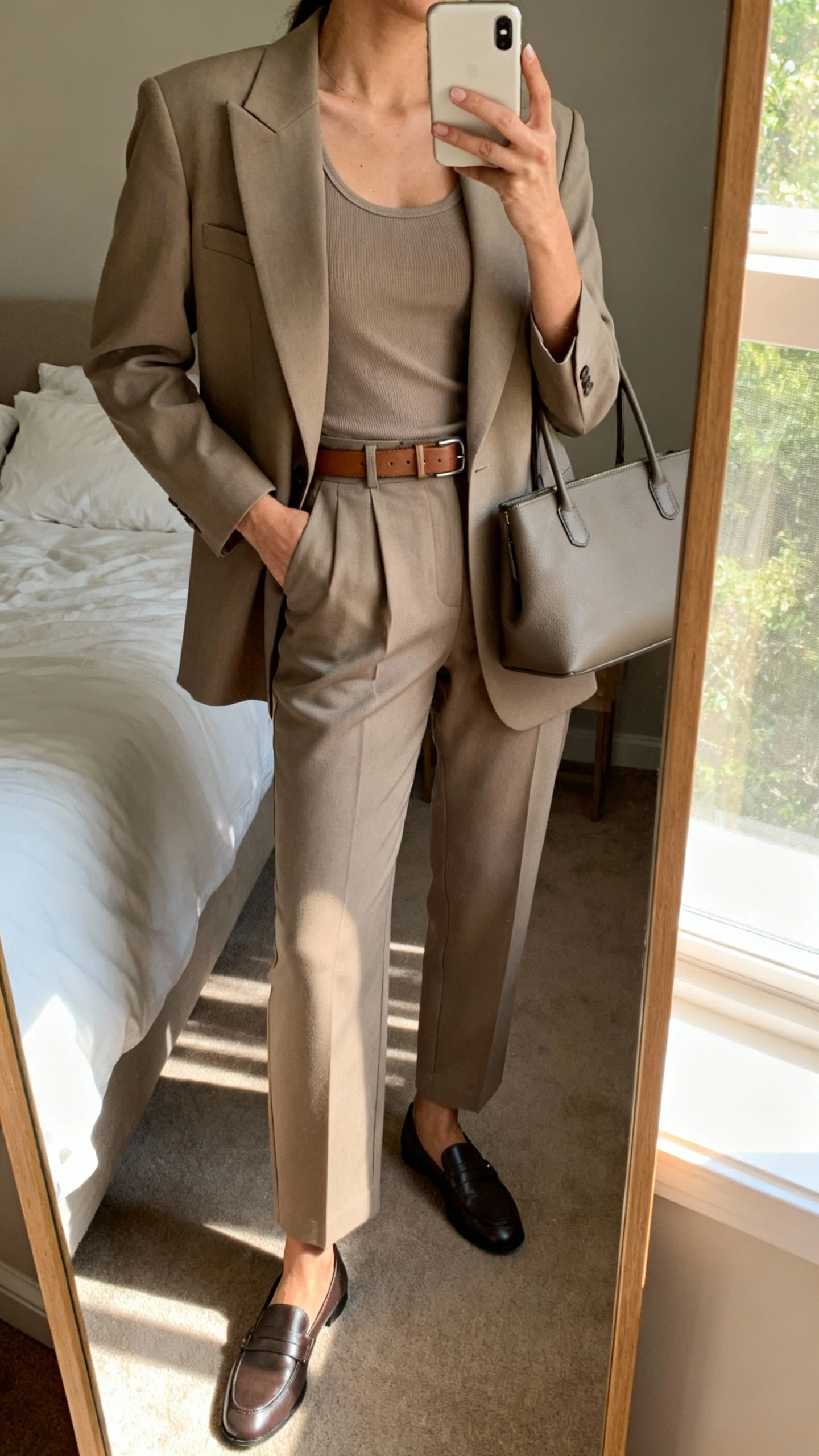 iPhone mirror selfie of a woman wearing a tailored monochrome pantsuit set (sharp blazer and matching high-waist trousers) with a fitted tank, minimalist leather belt, sleek loafers, and a structured tote, face not visible, cropped at neck, bedroom mirror, natural window light, iPhone photo quality.