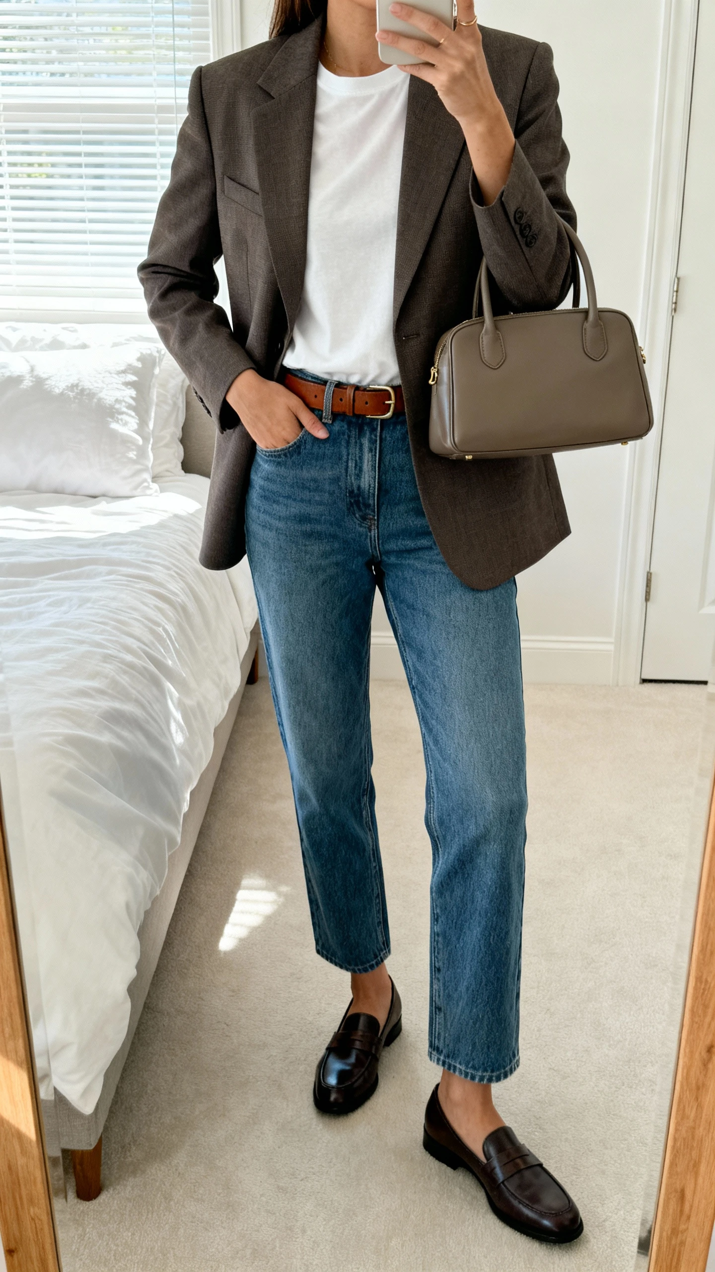 iPhone mirror selfie of a woman wearing a tailored blazer over a white tee, straight-leg blue jeans, sleek loafers, a leather belt, and a structured top-handle bag, face not visible, cropped at neck, bedroom mirror, natural window light, iPhone photo quality