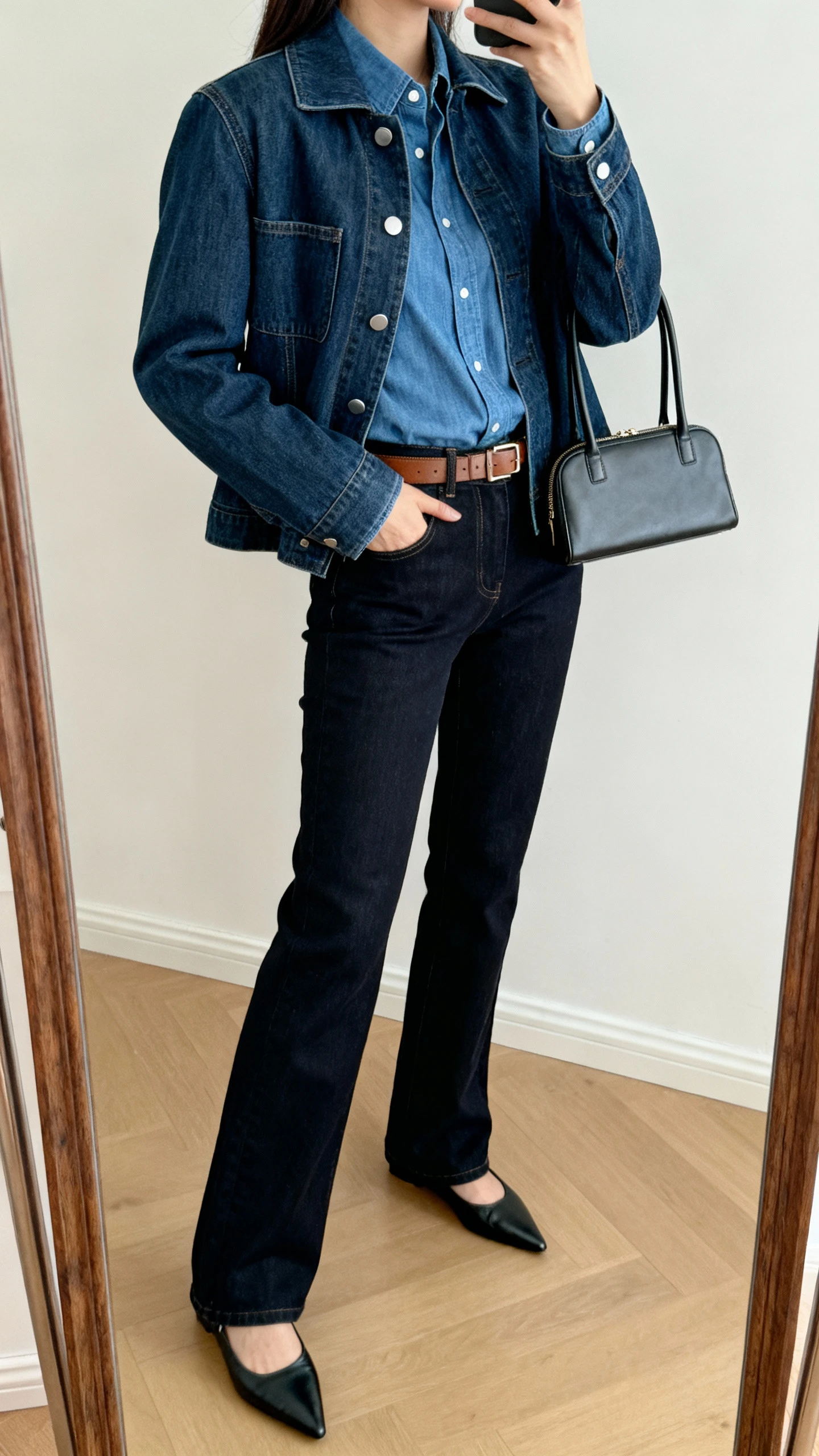 iPhone mirror selfie of a woman wearing an elevated denim-on-denim look: tailored denim jacket over a refined chambray shirt, dark straight-leg jeans, pointed flats, and a slim leather belt with a small top-handle bag, face not visible, side angle in full-length mirror with natural indoor light, iPhone photo quality.