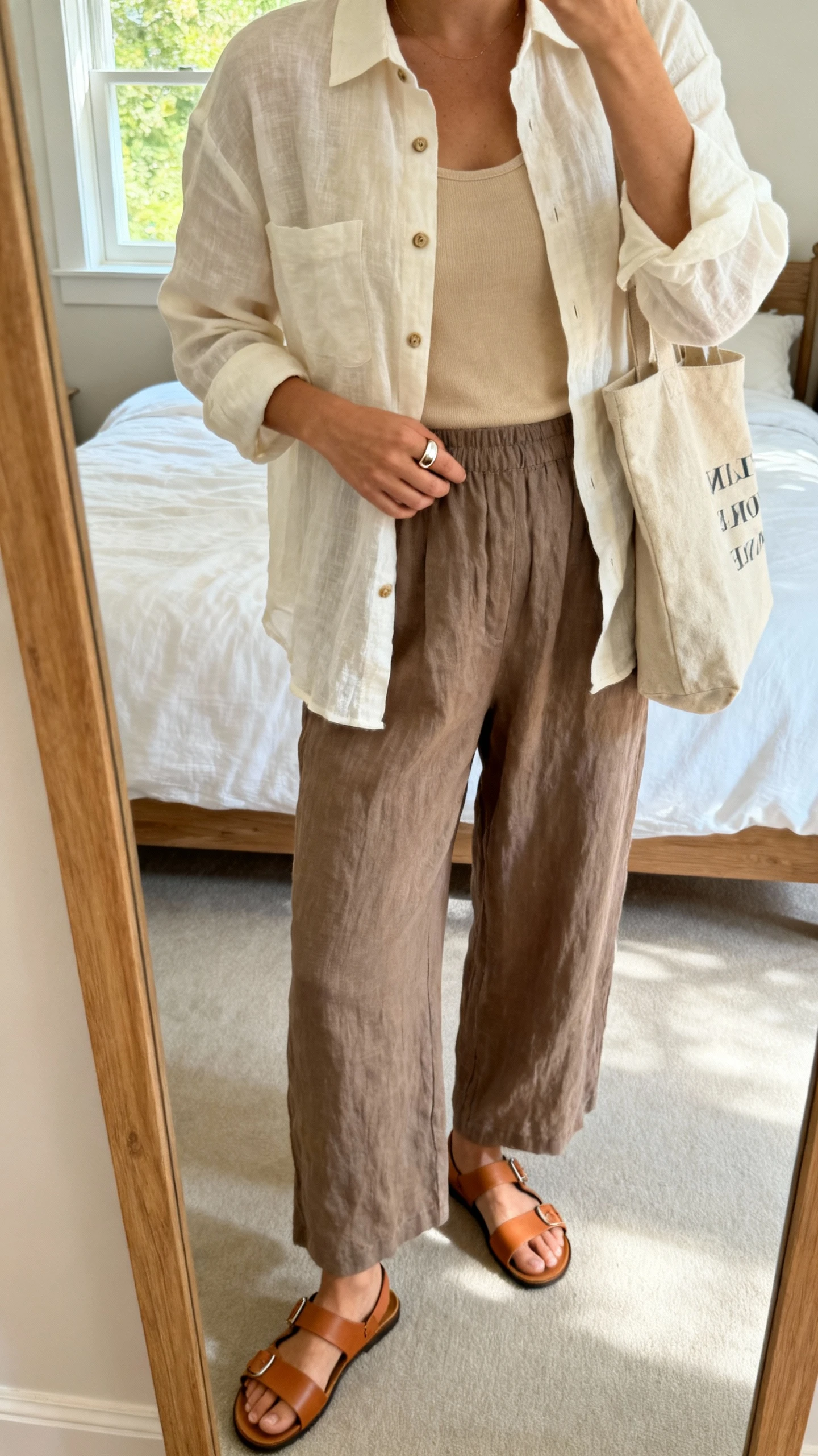 iPhone mirror selfie of a woman wearing artsy minimalist linen layers: cream linen button-up over a sand tank, taupe wide-leg linen trousers, tan leather sandals, canvas tote and simple silver ring, face not visible, cropped at shoulders, bedroom mirror, diffused afternoon window light, iPhone photo quality.